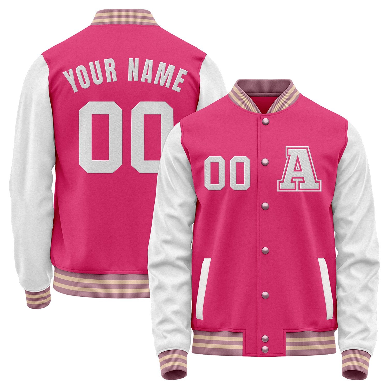 Custom hot pink and white varsity baseball jacket high school by Vosoli with stitched name, number and logo. Classic varsity jacket for baseball and casual wear.