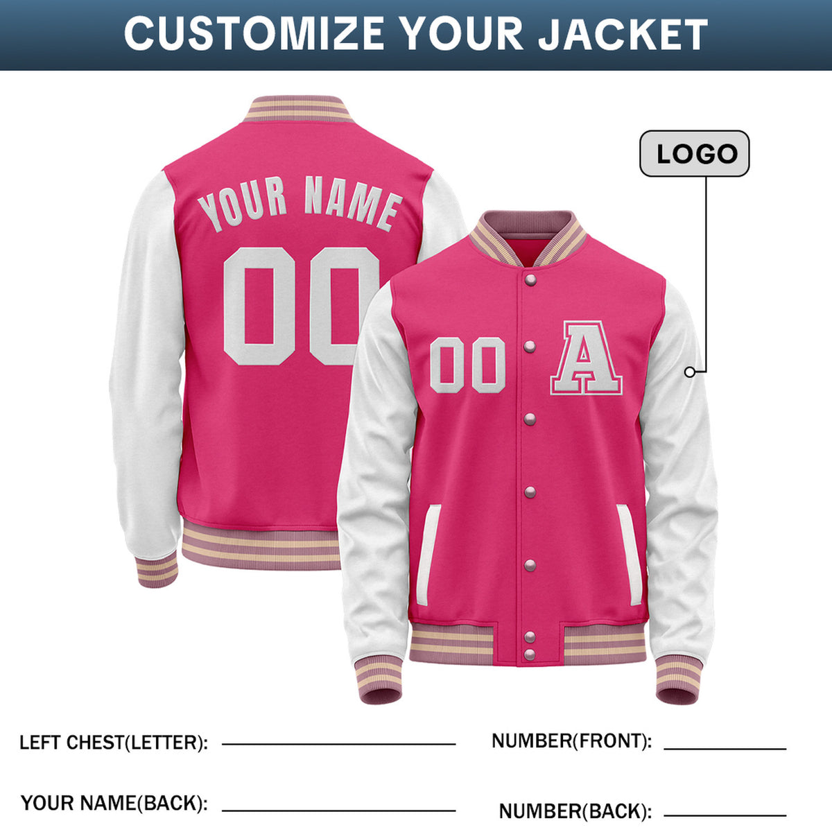 Custom Varsity Jacket with Embroidered Name & Number | Hot Pink & White Personalized Team Letterman Bomber