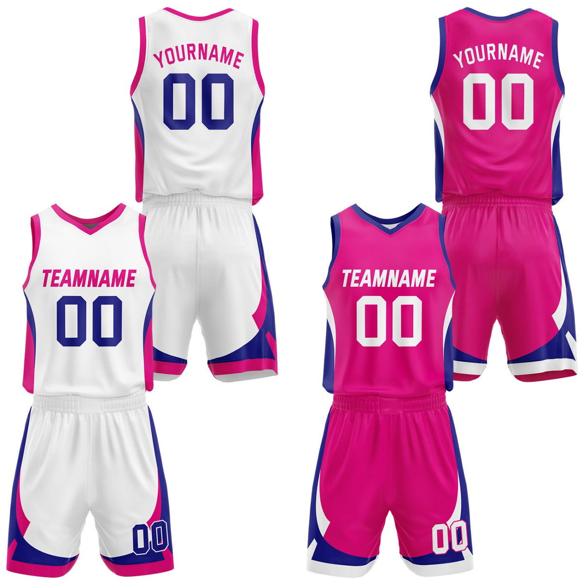 Custom hot pink &amp; white reversible basketball jersey set with shorts by Vosoli | Personalized team name, number &amp; logo | Breathable mesh sport jersey uniform
