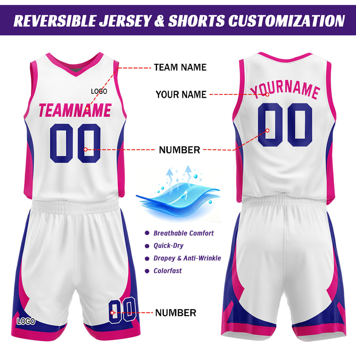 Custom Hot Pink White Reversible Basketball Jersey Set | Personalized Name Number Mesh Sports Uniform