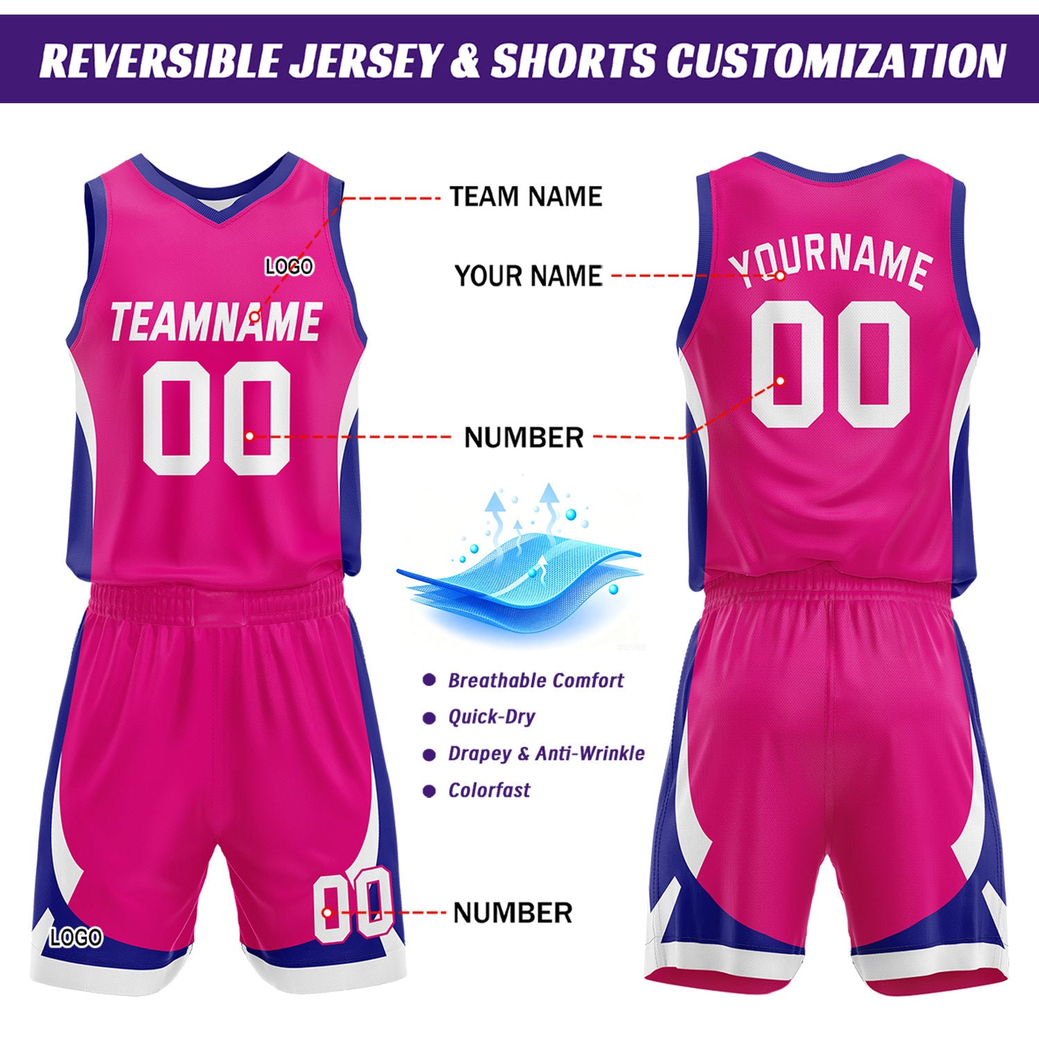 Custom Hot Pink White Reversible Basketball Jersey Set | Personalized Name Number Mesh Sports Uniform