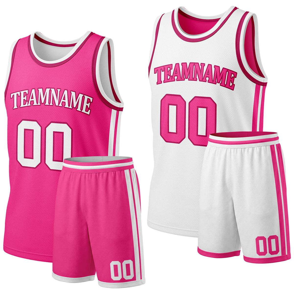 Custom hot pink &amp; white reversible basketball jersey shorts set by Vosoli | Personalized team name &amp; number full team uniform sportswear