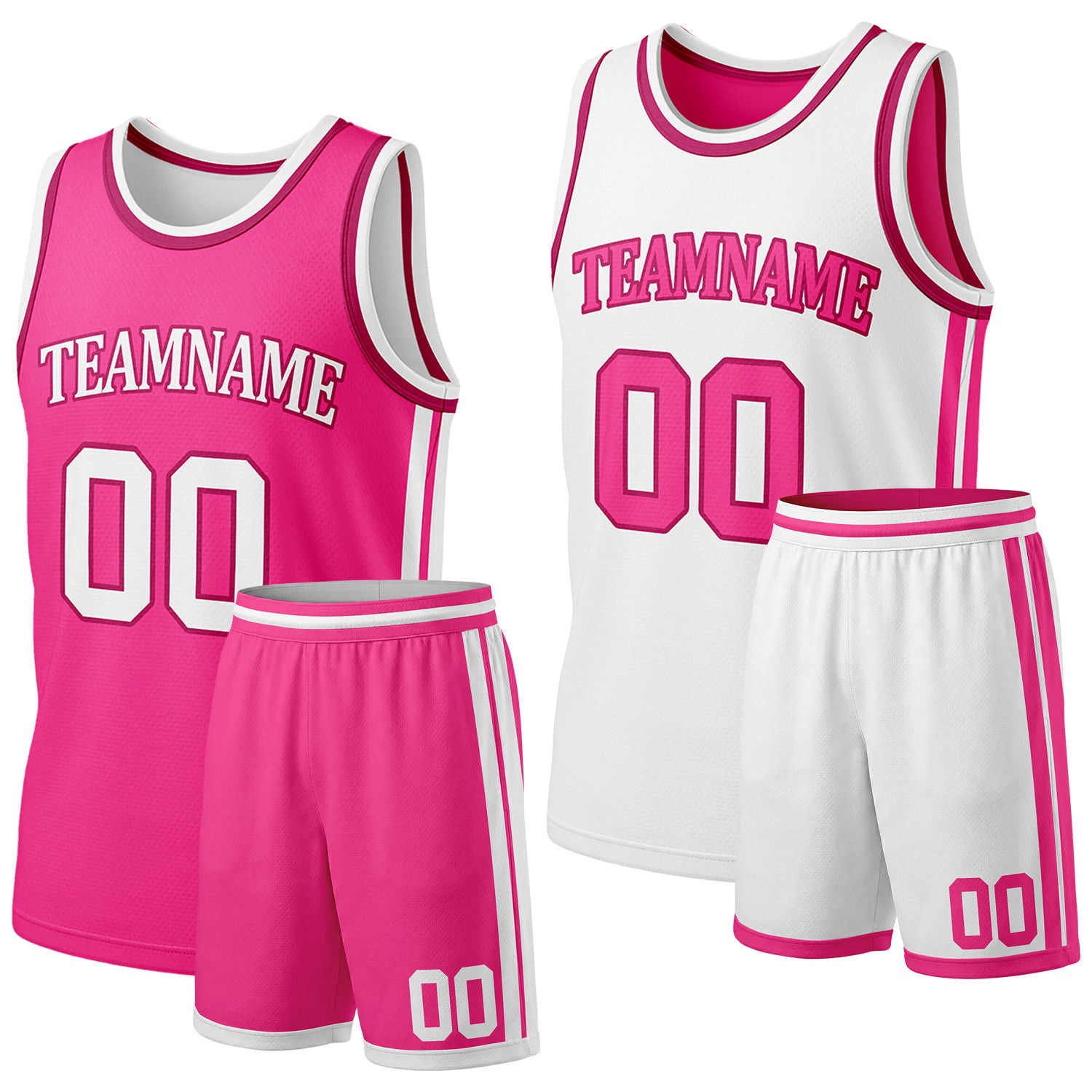 Custom hot pink & white reversible basketball jersey shorts set by Vosoli | Personalized team name & number full team uniform sportswear