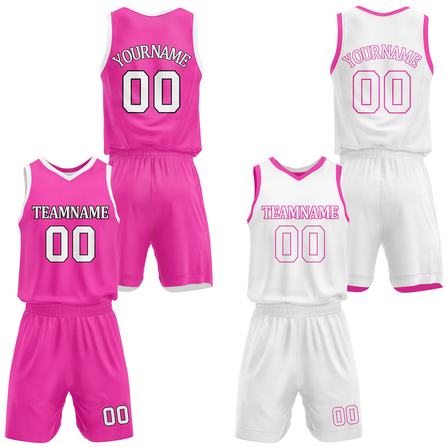 Custom hot pink & white reversible basketball jersey shorts set by Vosoli | Personalized team name number casual uniform sportswear
