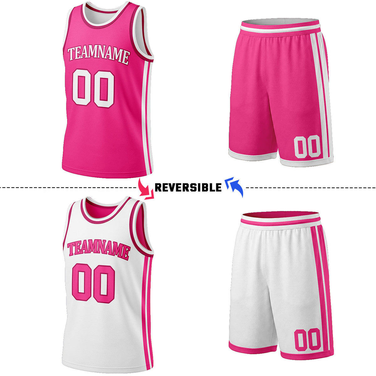 Custom Hot Pink & White Reversible Basketball Jersey Shorts Set | Personalized Full Team Uniform