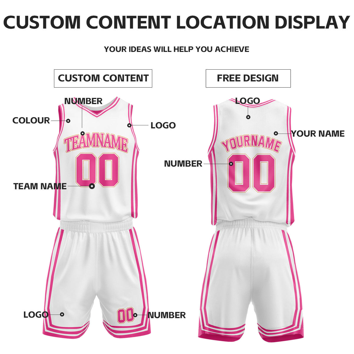 Custom Hot Pink & White Reversible Basketball Jersey Shorts Set | Personalized Full Vintage Team Uniform
