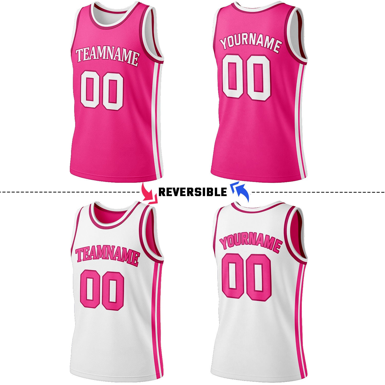 Custom Hot Pink & White Reversible Basketball Jersey Shorts Set | Personalized Full Team Uniform