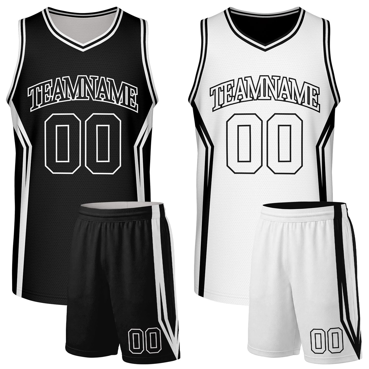 Custom black and white intramural basketball team uniforms, reversible jersey and shorts set with personalized name & number, breathable mesh for adult & youth.