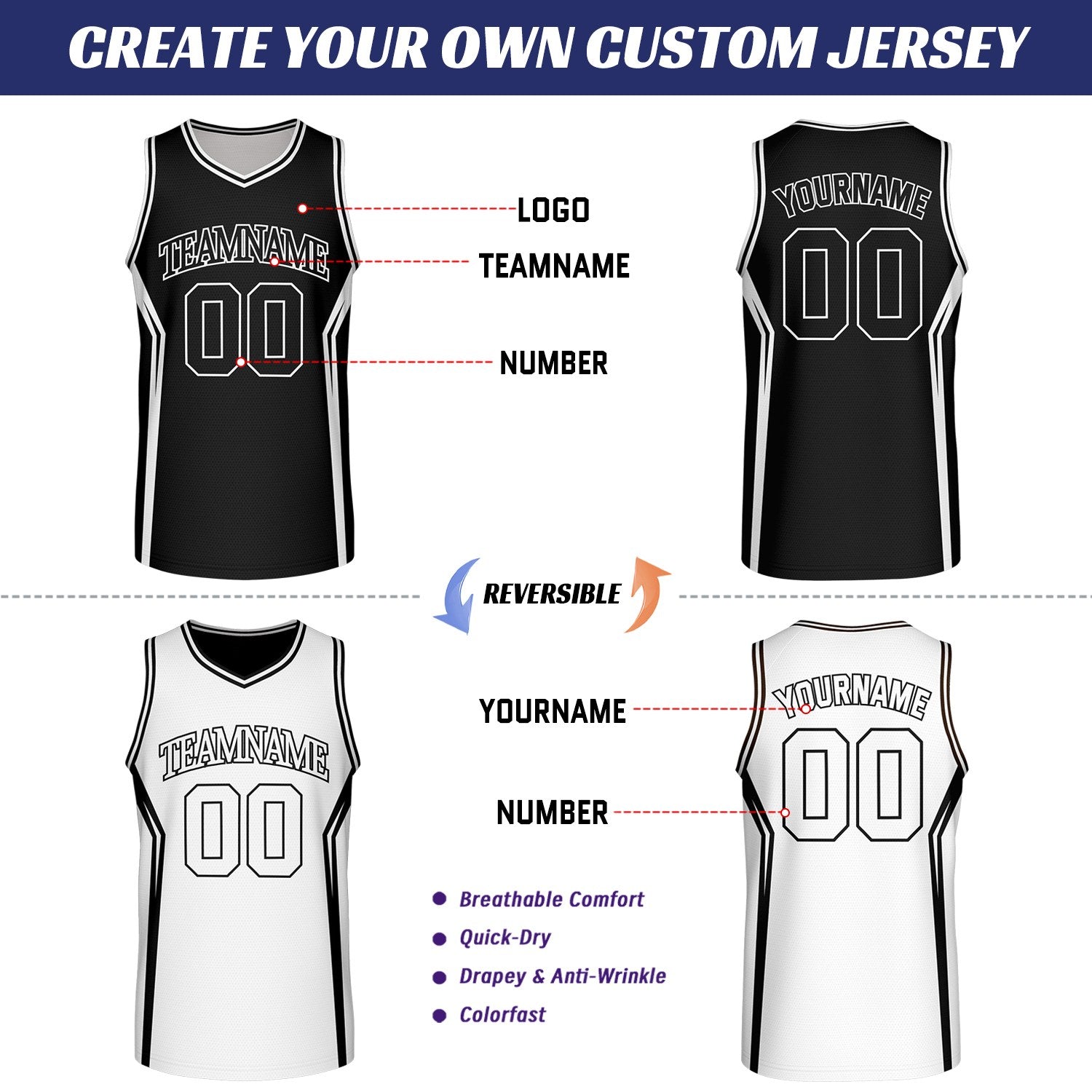 - Custom Black & White Two Sided Basketball Uniform Set | Personalized Team Uniforms for Adult & Youth