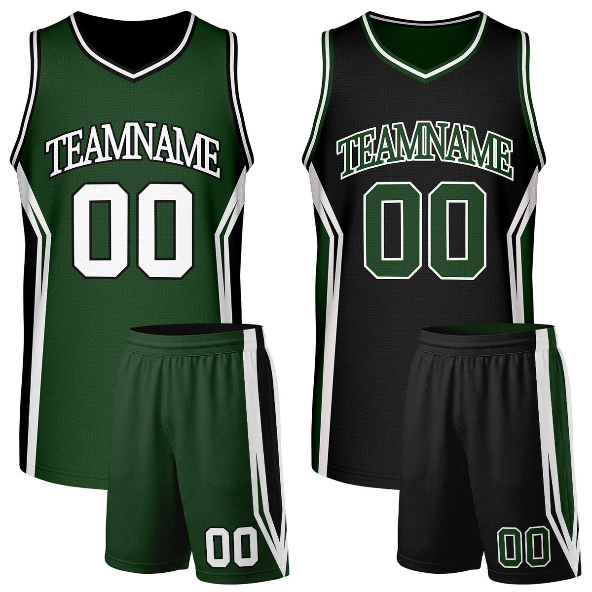 Custom forest green and black intramural basketball team uniforms, reversible jersey and shorts set with personalized name &amp; number, breathable mesh for adult &amp; youth.