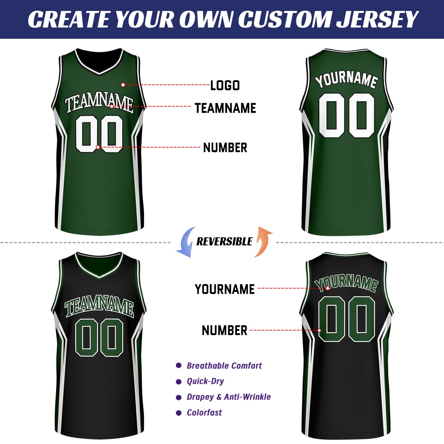 Custom Forest Green & Black Two Sided Basketball Uniform Set | Personalized Team Uniforms for Adult & Youth