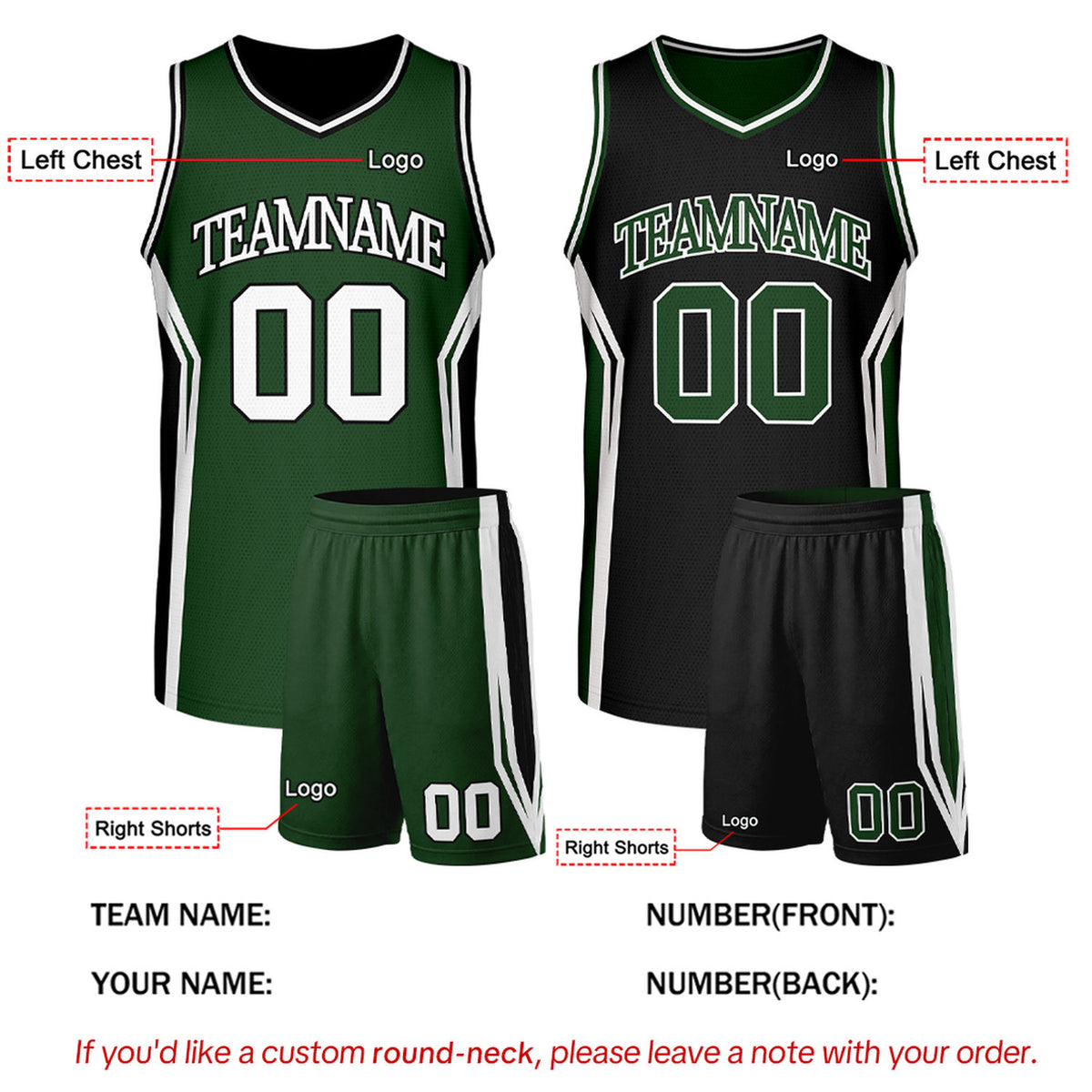 Custom Forest Green & Black Two Sided Basketball Uniform Set | Personalized Team Uniforms for Adult & Youth