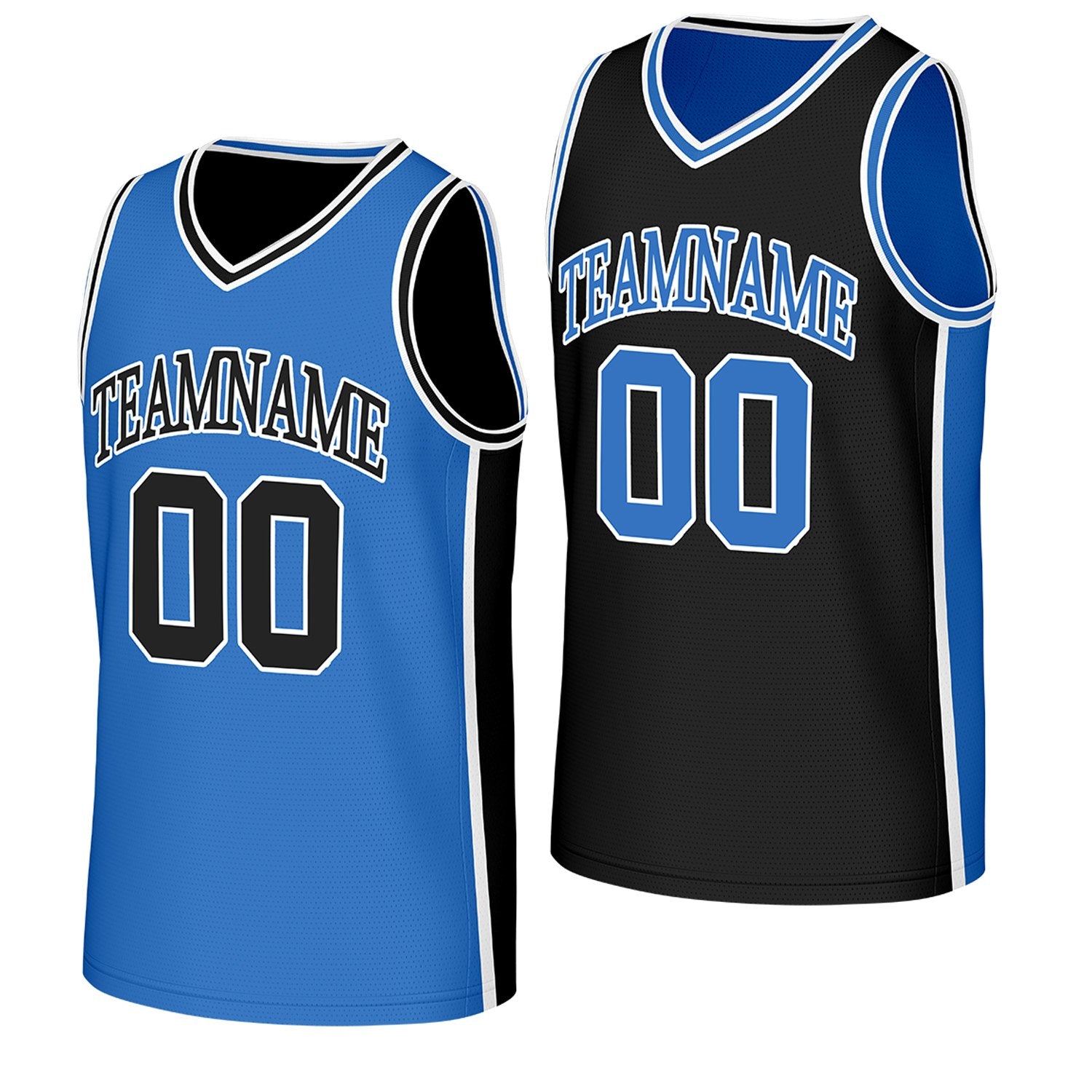 custom intramural basketball jerseys blue black reversible by Vosoli, Personalized team name, number & logo. Fast delivery.