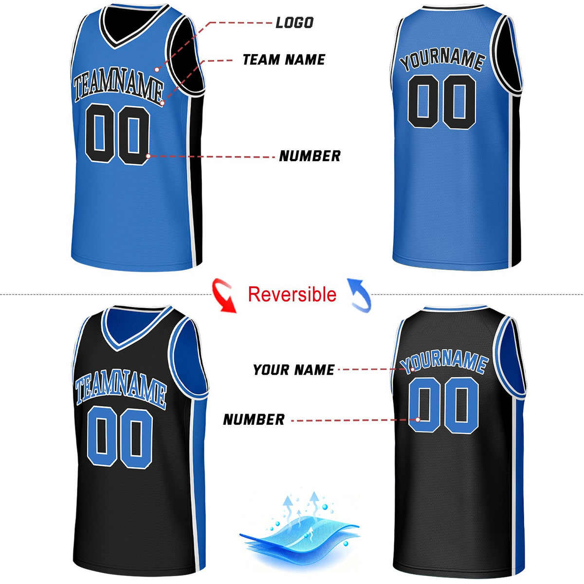 Custom Blue & Black Reversible Basketball Jersey | Personalized Team Jerseys with Name Number Logo