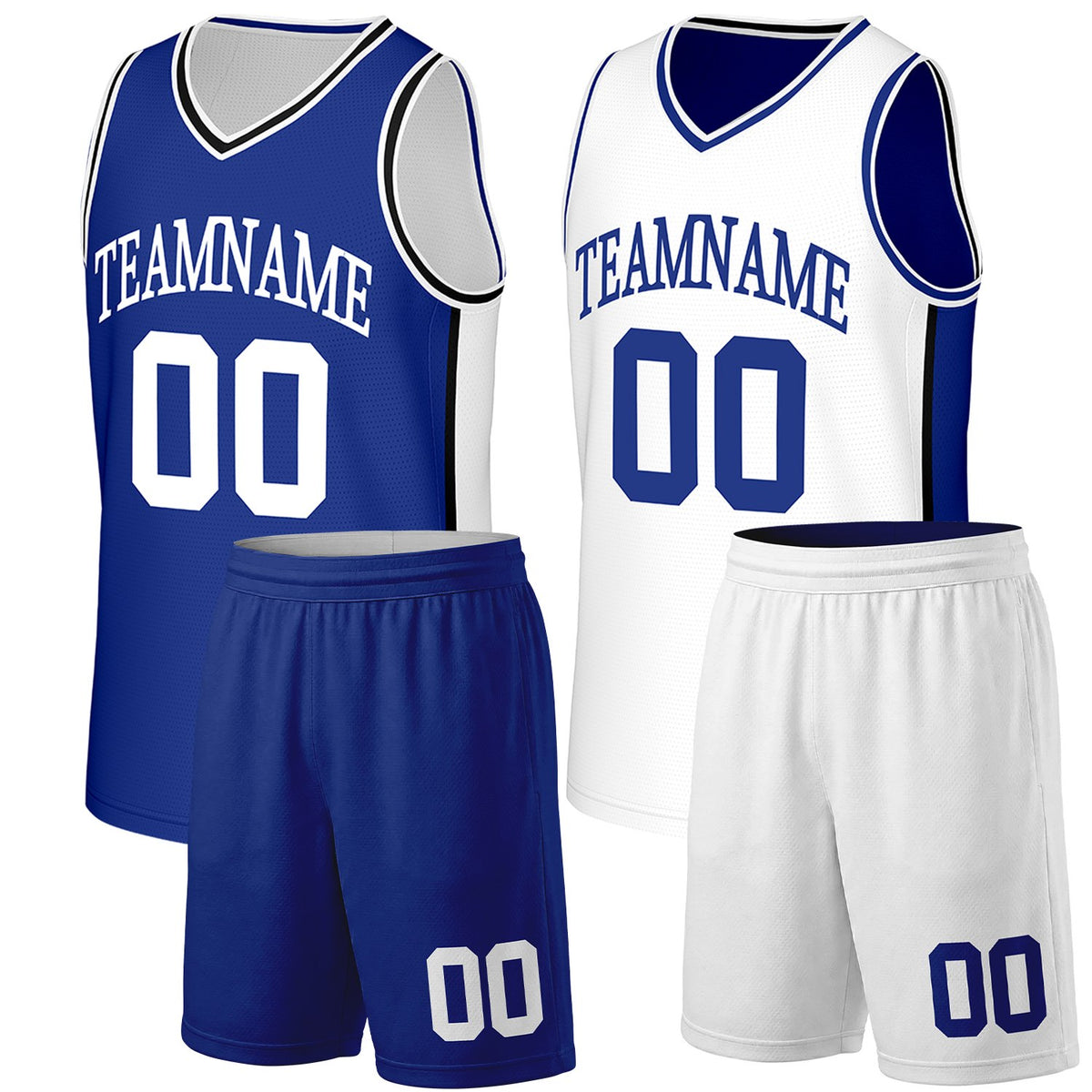 Custom intramural basketball team uniforms blue white reversible by Vosoli. Personalized team name, number & logo. Breathable mesh. Fast delivery.