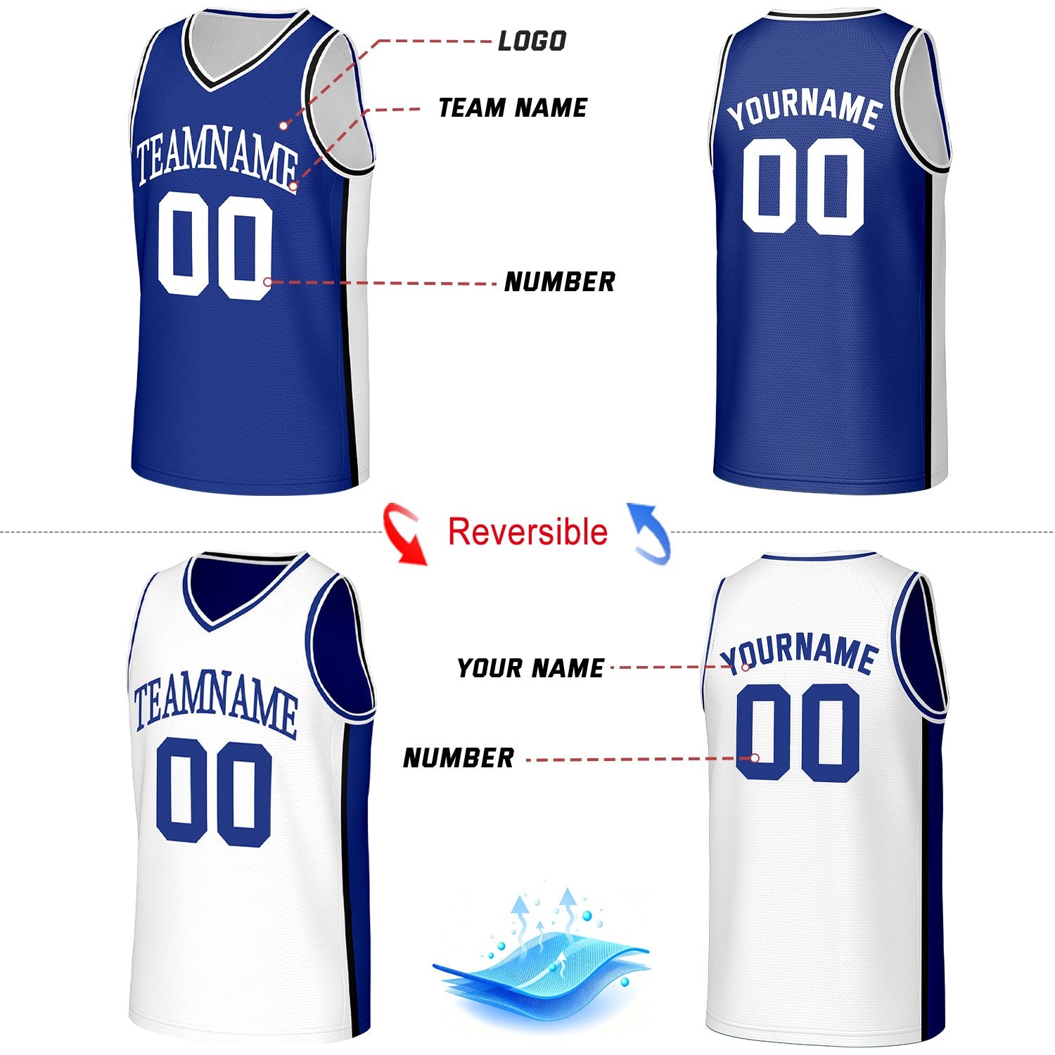 Custom Blue & White Double Sided Basketball Uniform Set | Personalized Team Uniforms for Adult & Youth