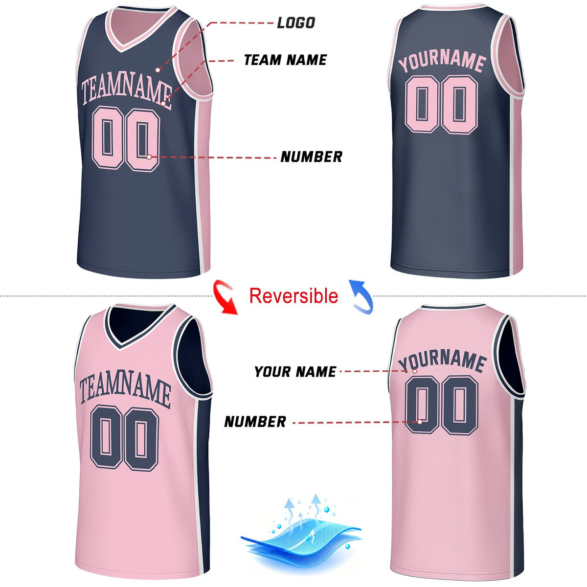 Custom Navy & Pink Double Sided Basketball Uniform Set | Personalized Team Uniforms for Adult & Youth