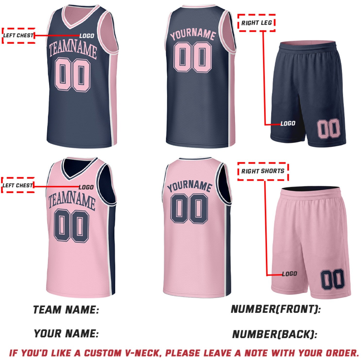 Custom Navy & Pink Double Sided Basketball Uniform Set | Personalized Team Uniforms for Adult & Youth