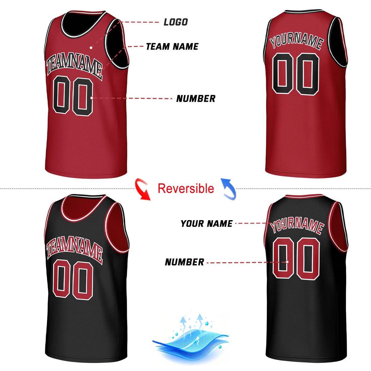 Custom Classic Double Trim Reversible Basketball Jersey Red & Black Mesh Team Uniform for Adult Youth