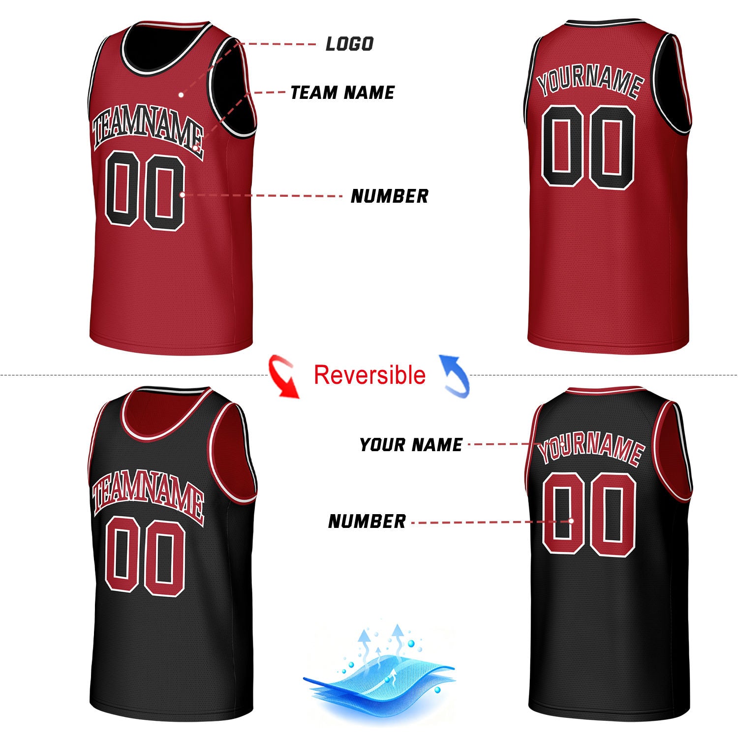 Custom Classic Double Trim Reversible Basketball Jersey Red & Black Mesh Team Uniform for Adult Youth