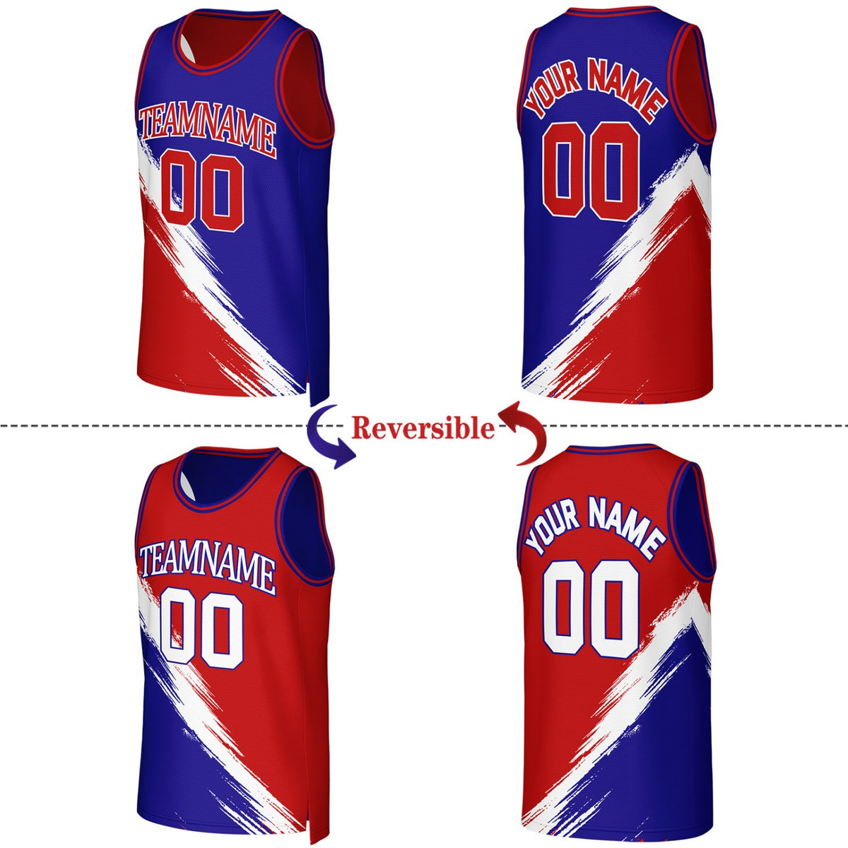 Custom Red & Blue Brush Stroke Reversible Basketball Jersey | Personalized Team Uniforms for Adult & Youth