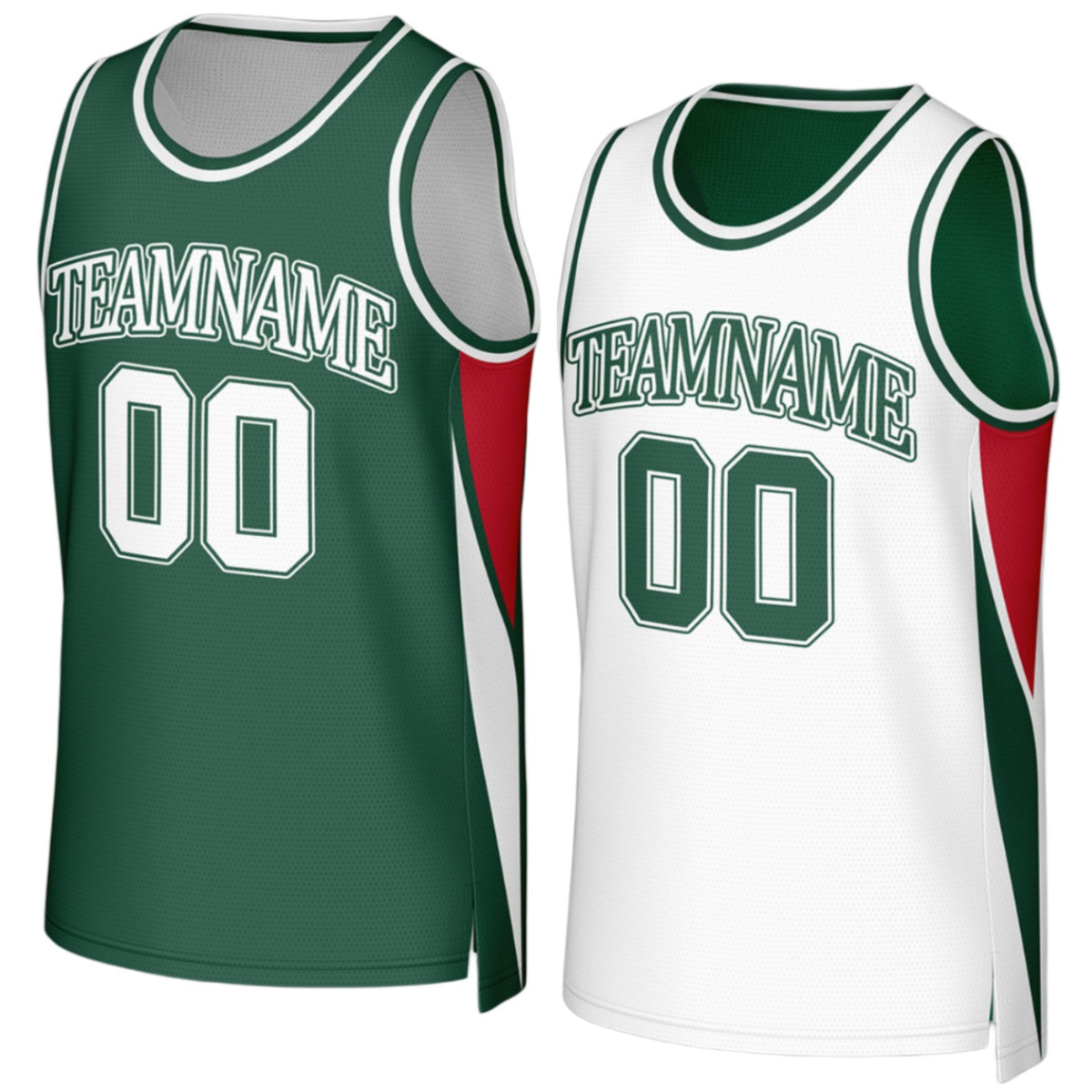 Custom junior high reversible dark green and white basketball jersey by Vosoli with personalized team name, number and logo on both sides, breathable mesh 2‑in‑1 jersey for junior high, high school and AAU teams