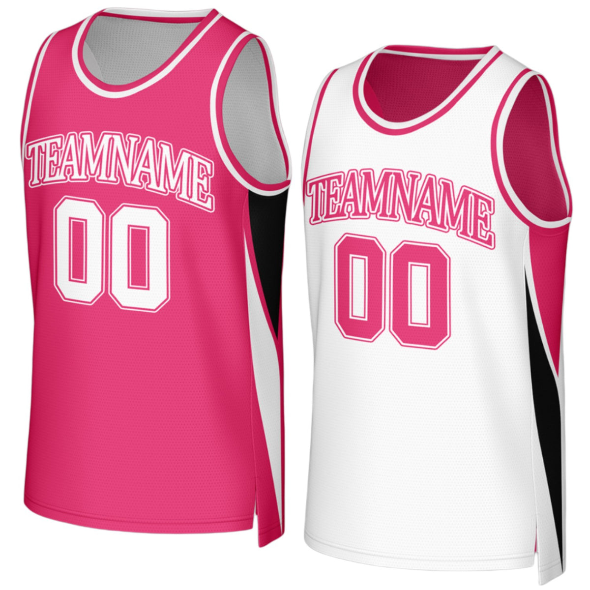 Custom junior high reversible hot pink and white basketball jersey by Vosoli with personalized team name, number and logo on both sides, breathable mesh 2‑in‑1 jersey for junior high, high school and AAU teams