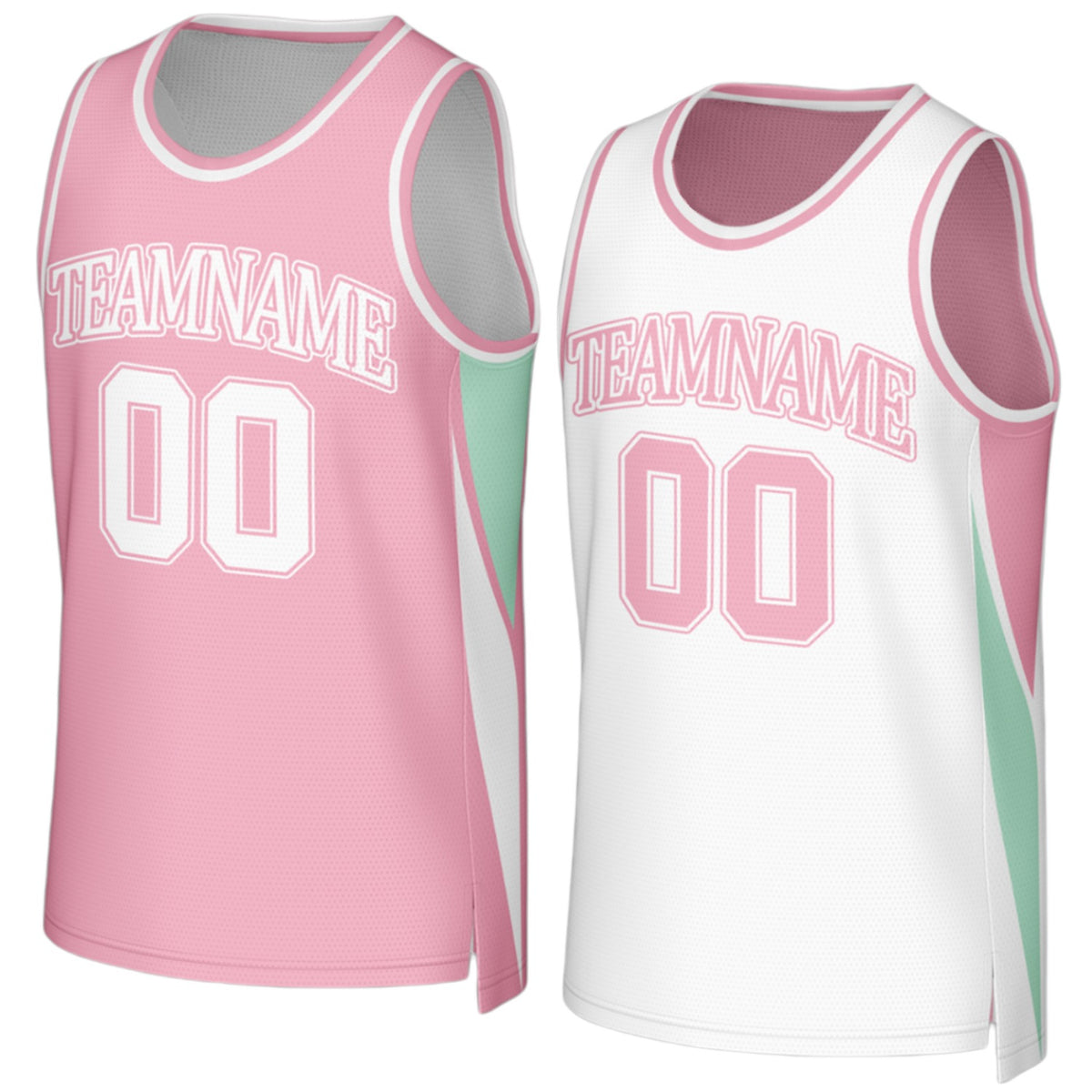 Custom junior high reversible light pink and white basketball jersey by Vosoli with personalized team name, number and logo on both sides, breathable mesh 2‑in‑1 jersey for junior high, high school and AAU teams