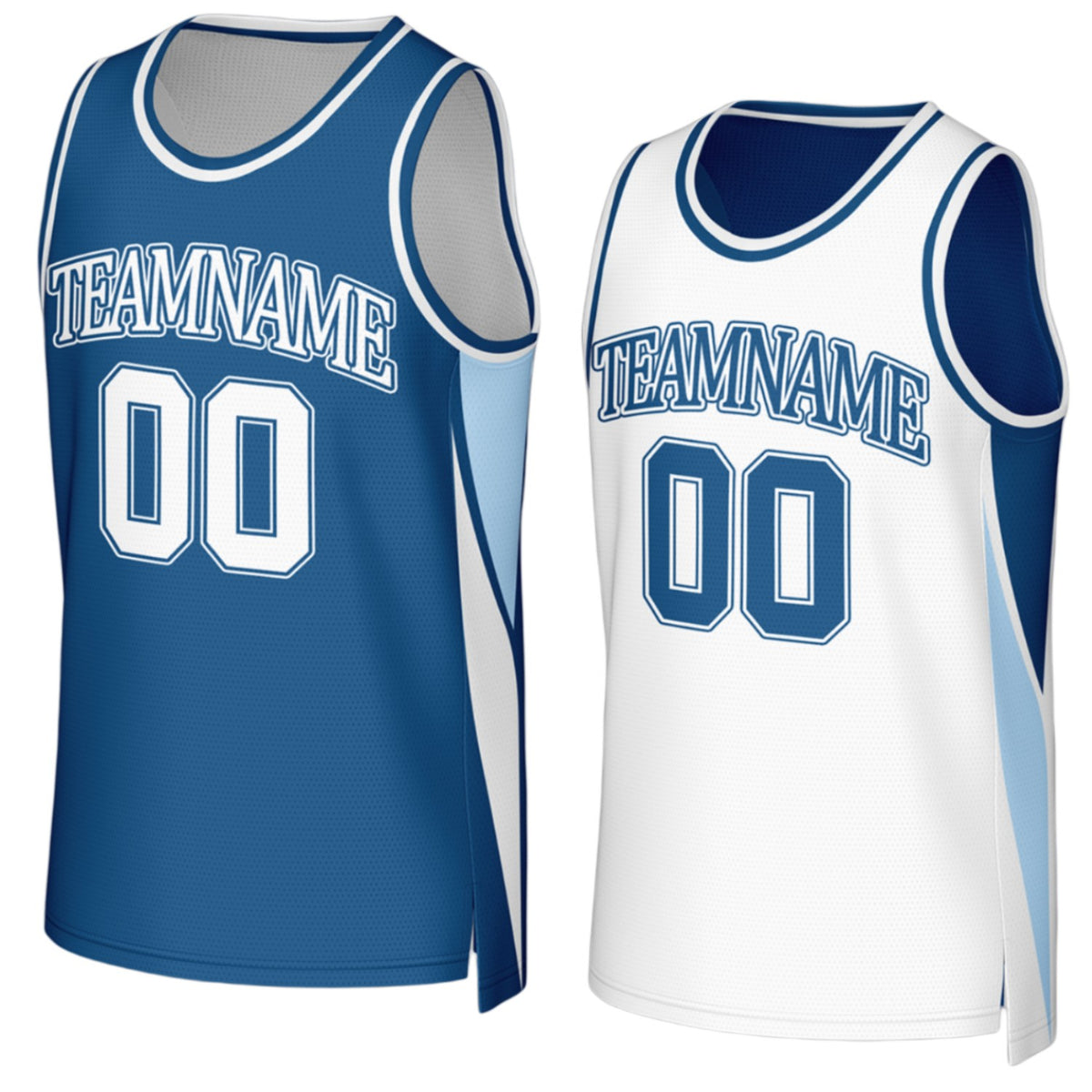 Custom junior high reversible navy and white basketball jersey by Vosoli with personalized team name, number and logo on both sides, breathable mesh 2‑in‑1 jersey for junior high, high school and AAU teams