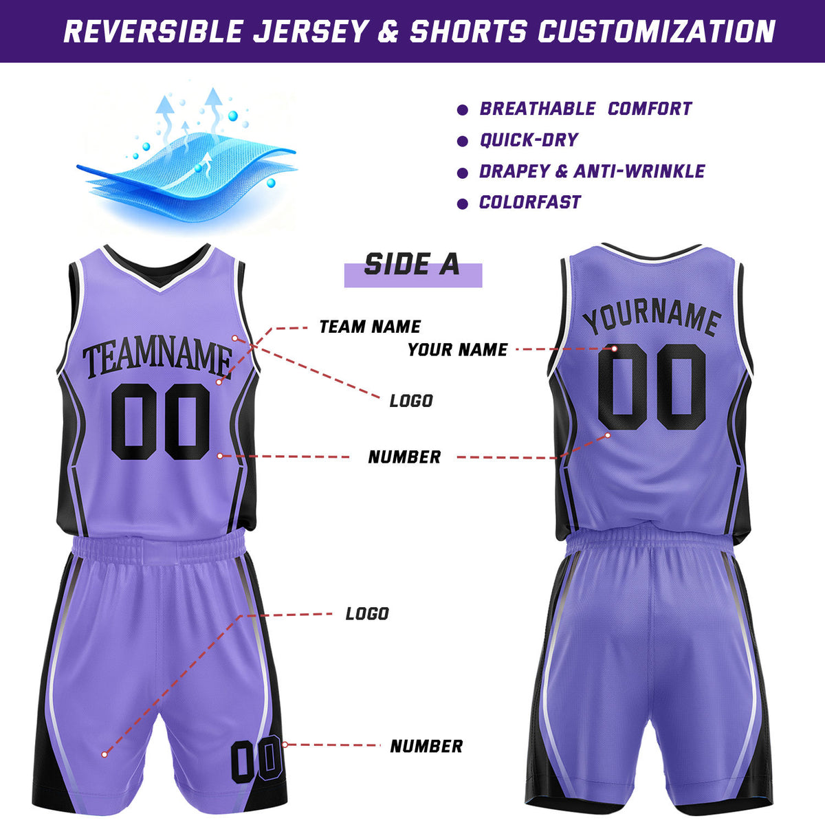 Custom Lavender & Black Reversible Geometric Basketball Jersey Shorts Set | Personalized Team Uniform
