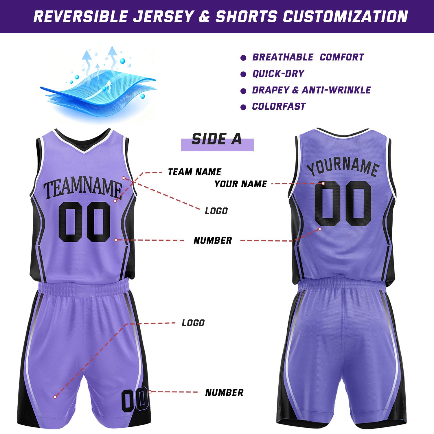 Custom Lavender & Black Reversible Geometric Basketball Jersey Shorts Set | Personalized Team Uniform
