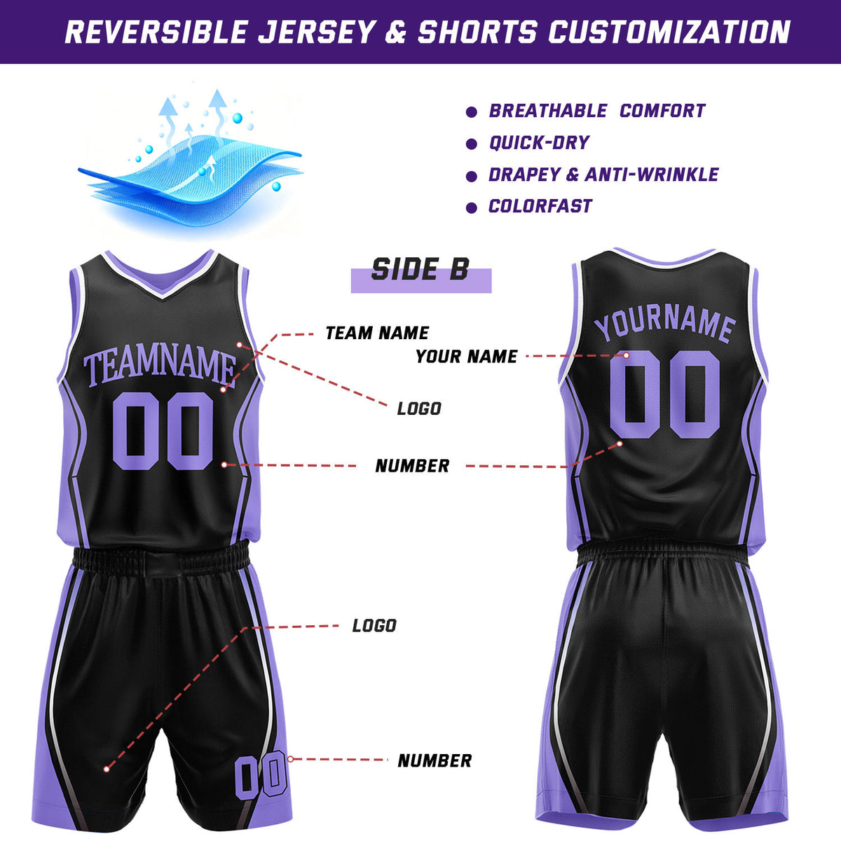 Custom Lavender & Black Reversible Geometric Basketball Jersey Shorts Set | Personalized Team Uniform