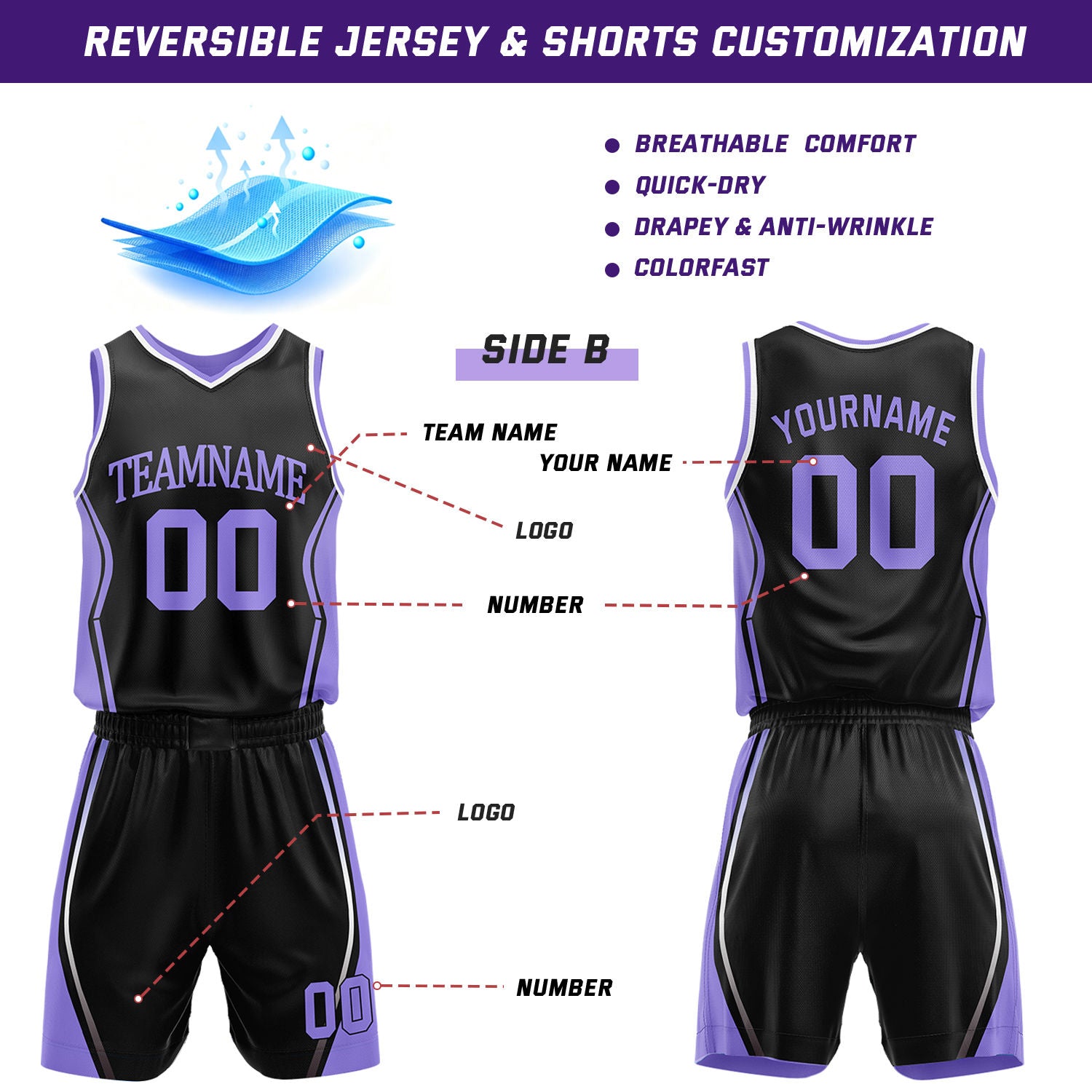 Custom Lavender & Black Reversible Geometric Basketball Jersey Shorts Set | Personalized Team Uniform