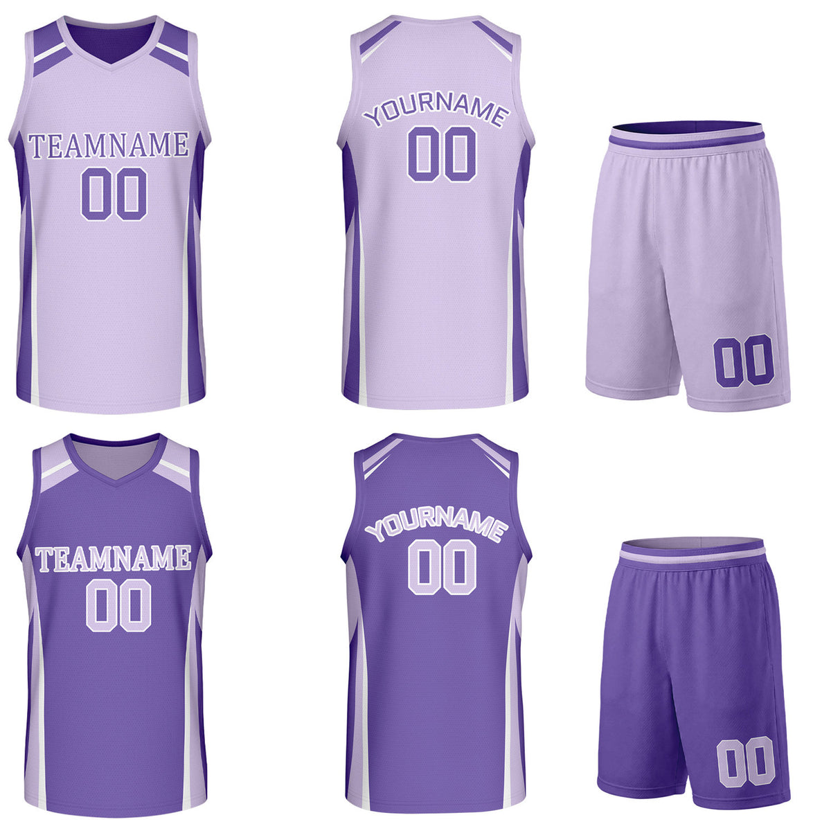 Custom lavender and purple reversible basketball uniform by Vosoli. Personalized with team name, number, and logo. Breathable mesh jersey and shorts for high school, college, and AAU teams.