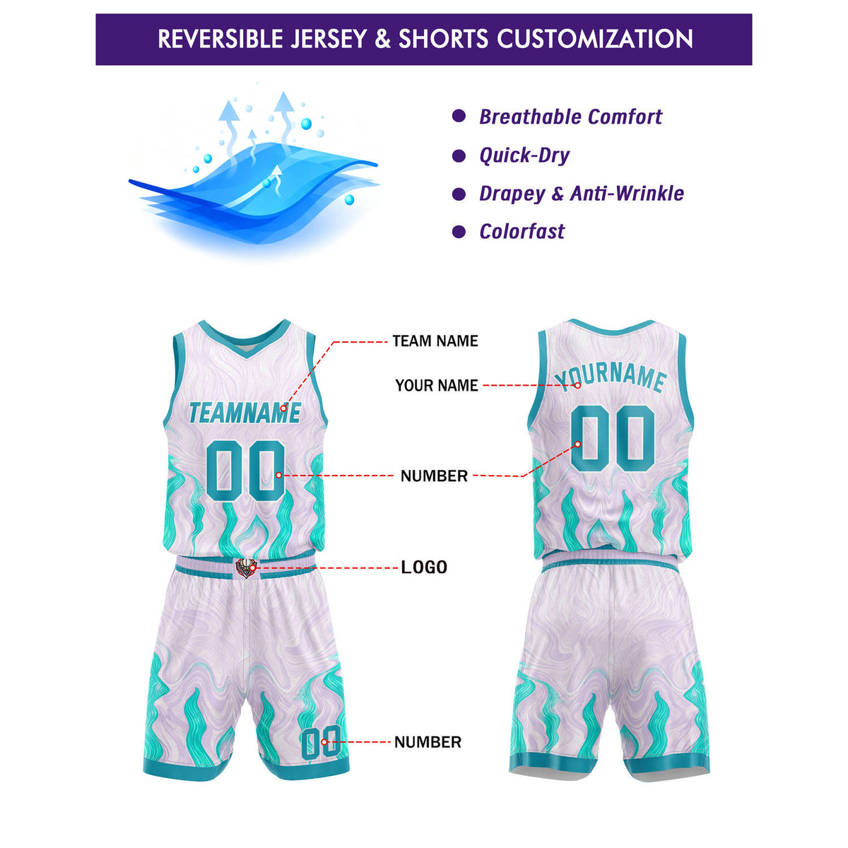 Custom Lavender & Teal Marble Basketball Uniform | Personalized Team Kit - Vosoli