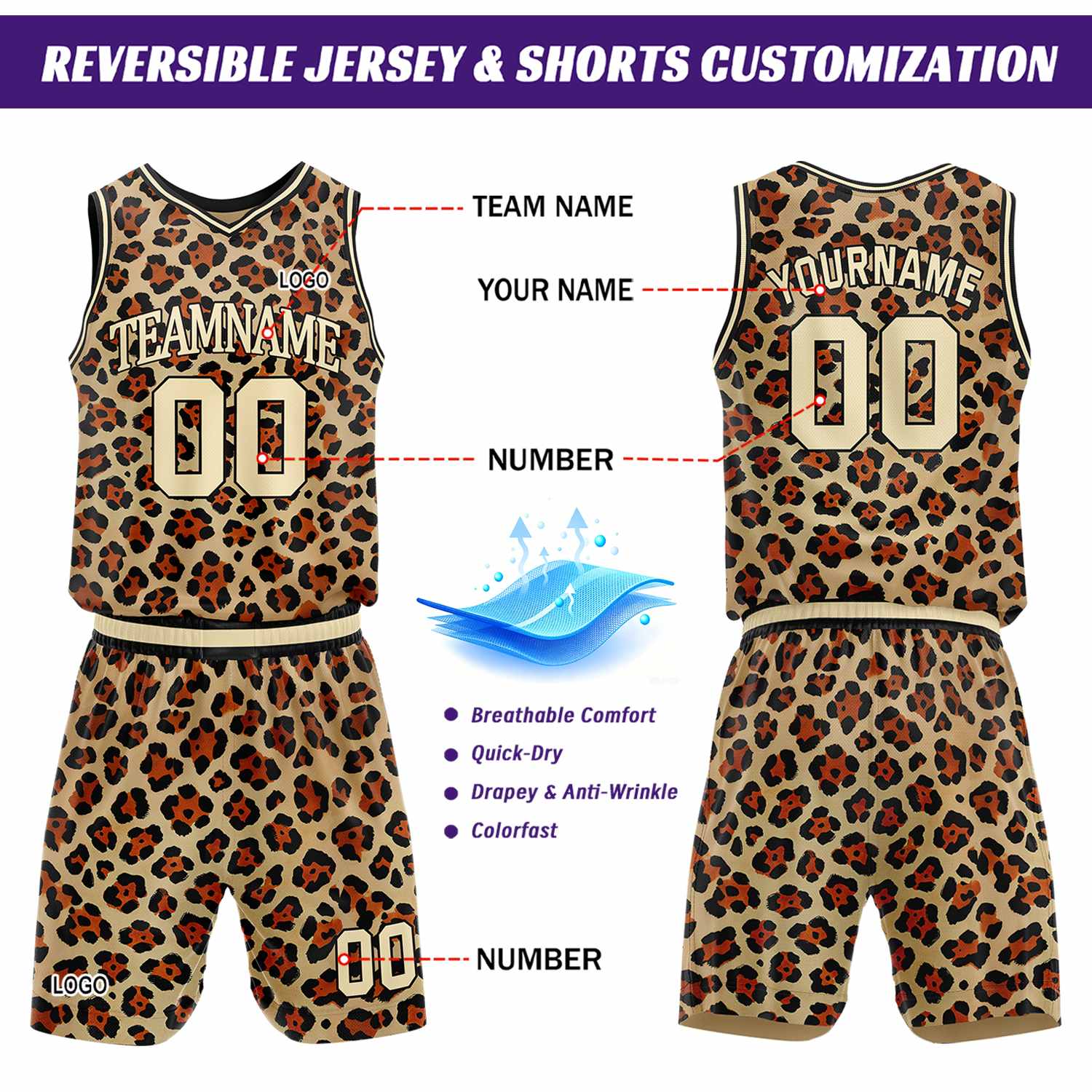 Custom leopard print basketball jersey & shorts set by Vosoli | Personalized team name & number sportswear