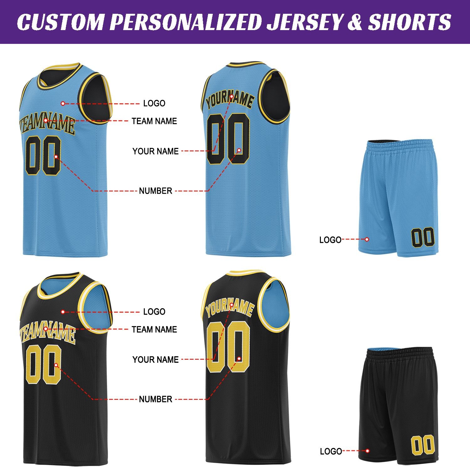 Custom light blue, black & gold basketball jersey set, personalized name number team logo, sleeveless jersey with matching shorts sports uniform for men women youth adult game practice - Vosoli