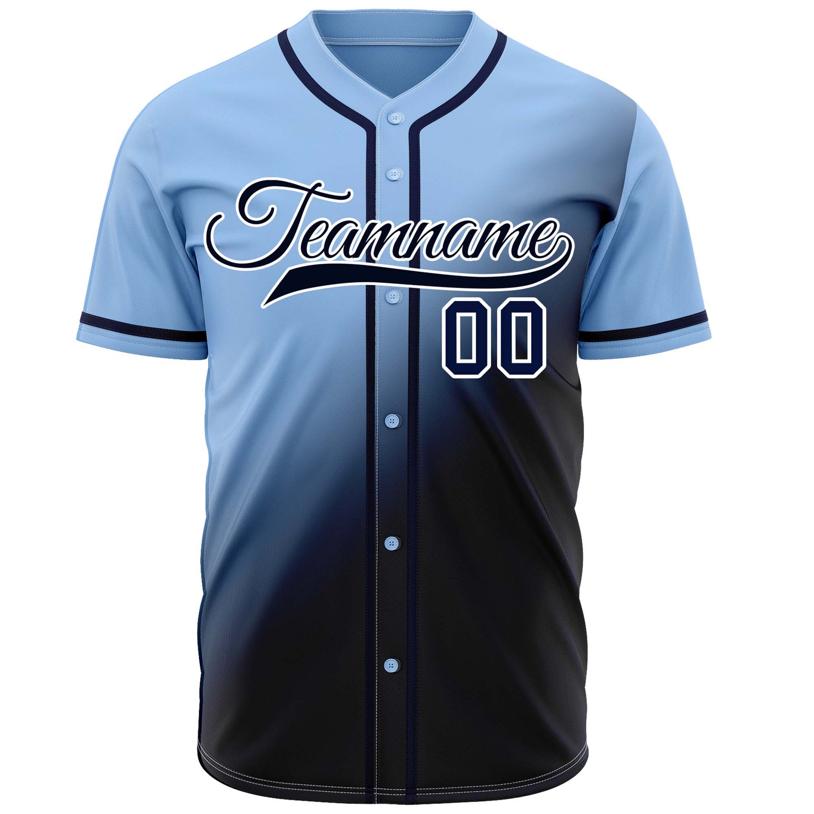 Custom light blue to black gradient baseball jersey, button-front style with navy trim, suitable for team sports and casual wear - Vosoli