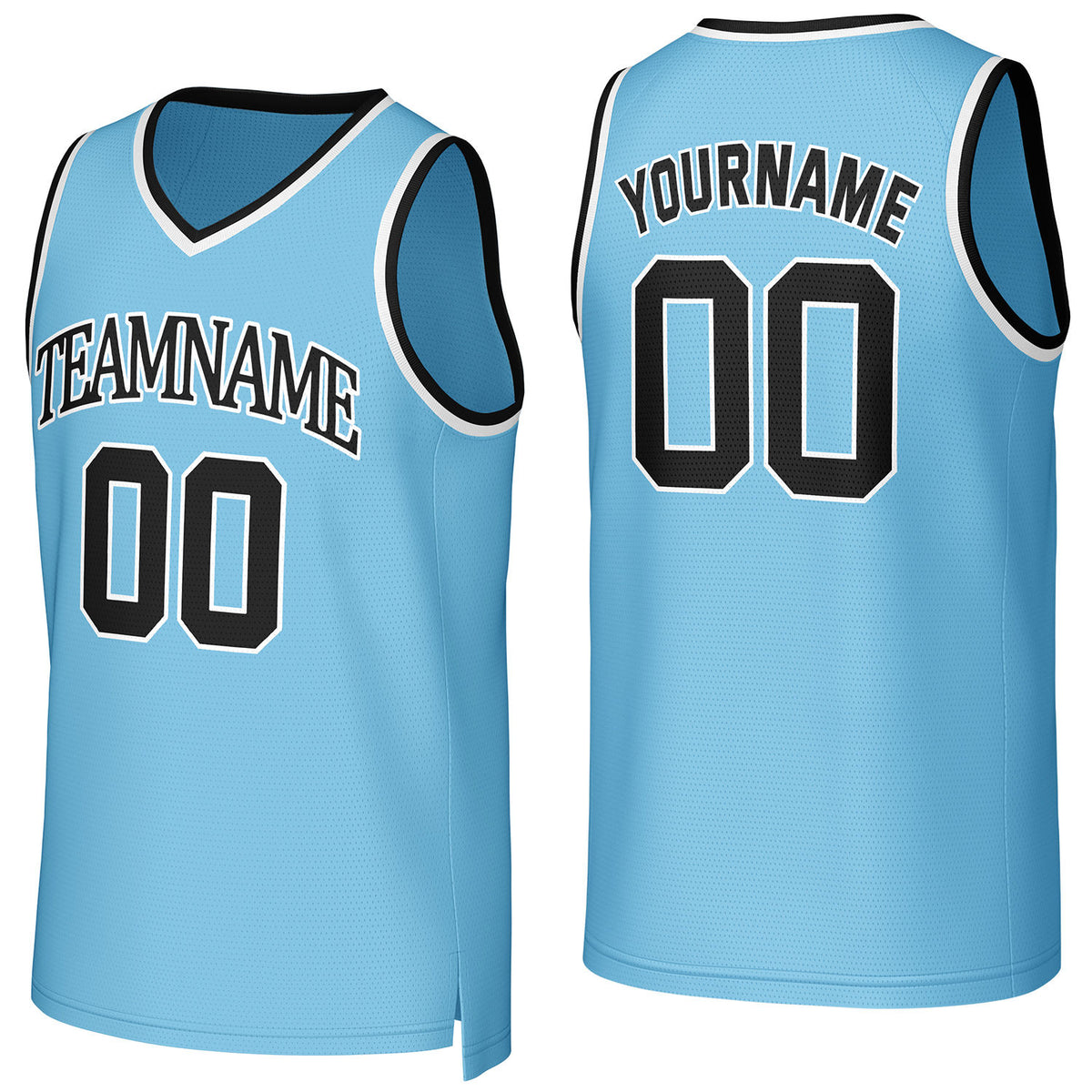 Custom light blue-black V-neck mesh basketball jersey by Vosoli | Personalized name &amp; number team uniform for youth &amp; adults