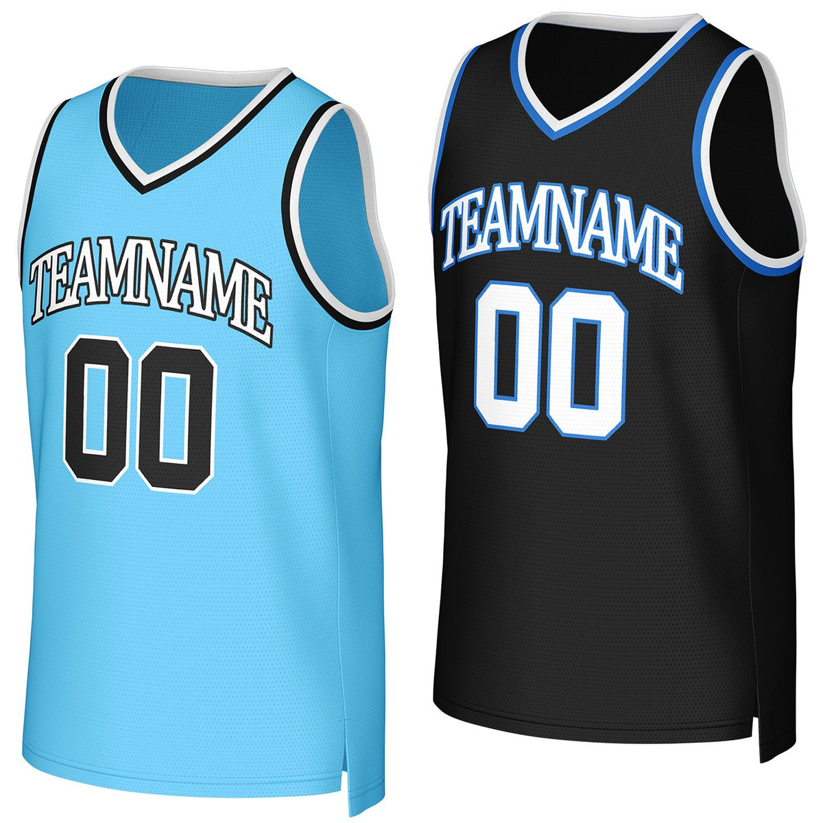 Custom light blue &amp; black reversible basketball jersey by Vosoli | Personalized team name &amp; number sportswear