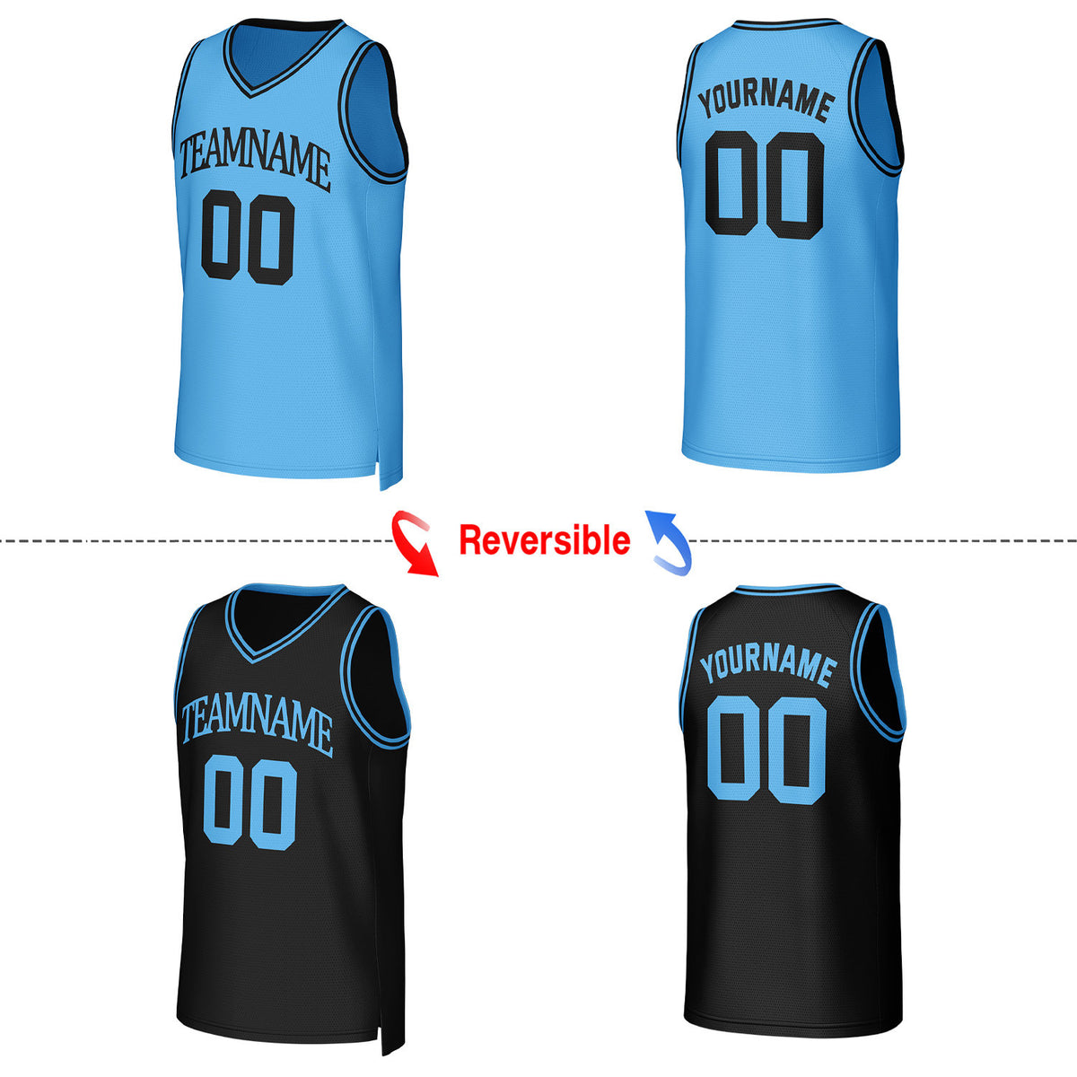 Custom Light Blue & Black Reversible Basketball Jersey | Personalized Team Uniform