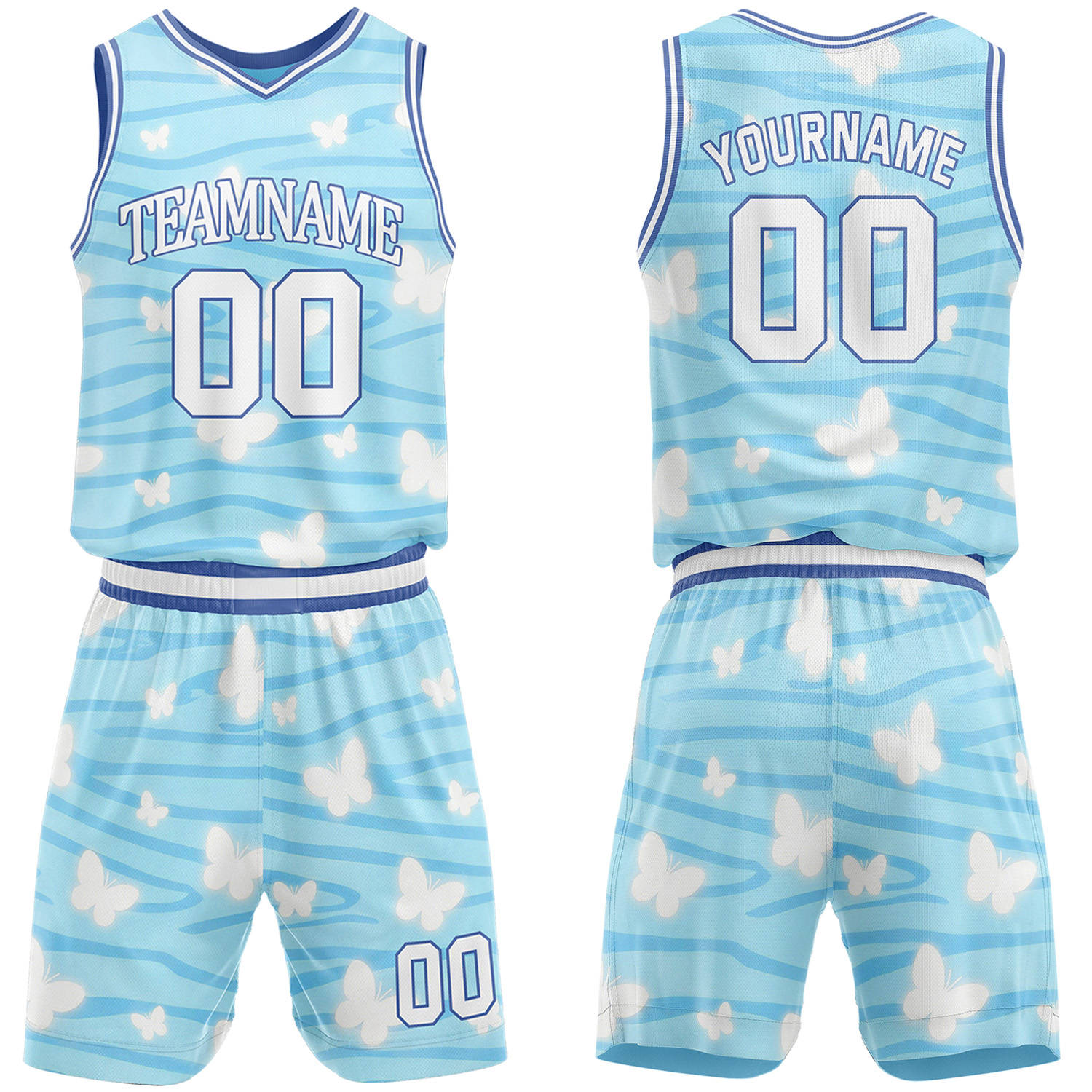 Custom light blue & butterfly basketball jersey & shorts set by Vosoli | Personalized team name & number sportswear