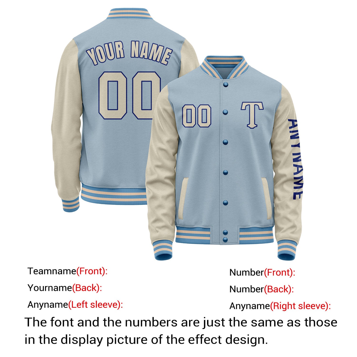 Custom Light Blue & Cream Varsity Letterman Jacket | Personalized Baseball Bomber Coat for Adult & Youth