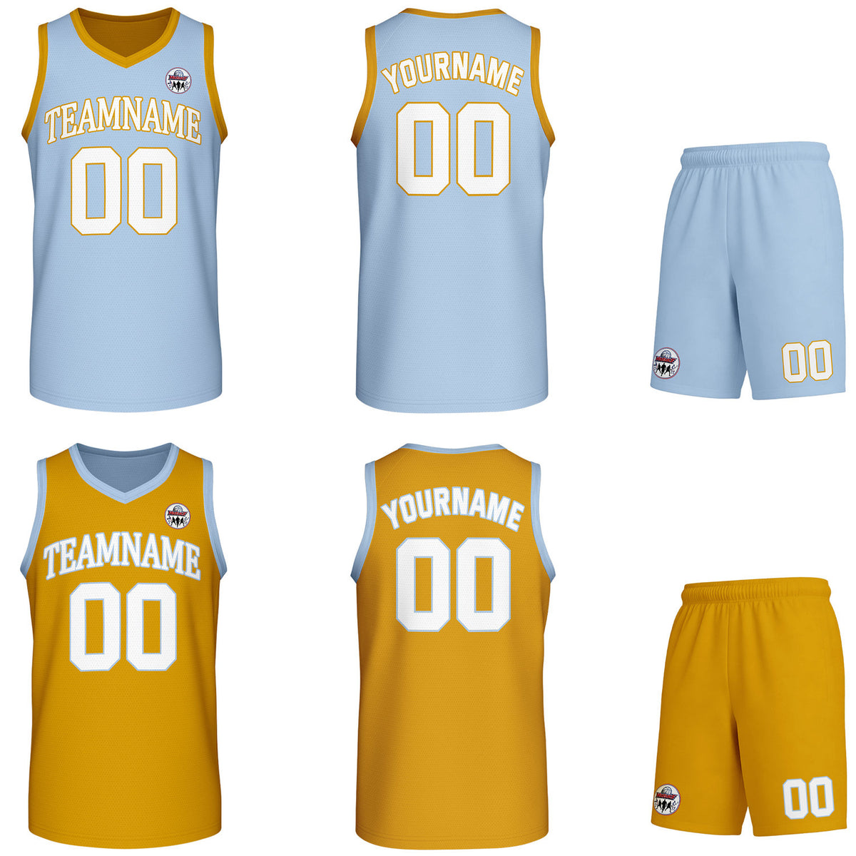 Custom light blue &amp; gold Reversible basketball uniform set, personalized team name number logo breathable mesh jersey and shorts men women youth game practice - Vosoli