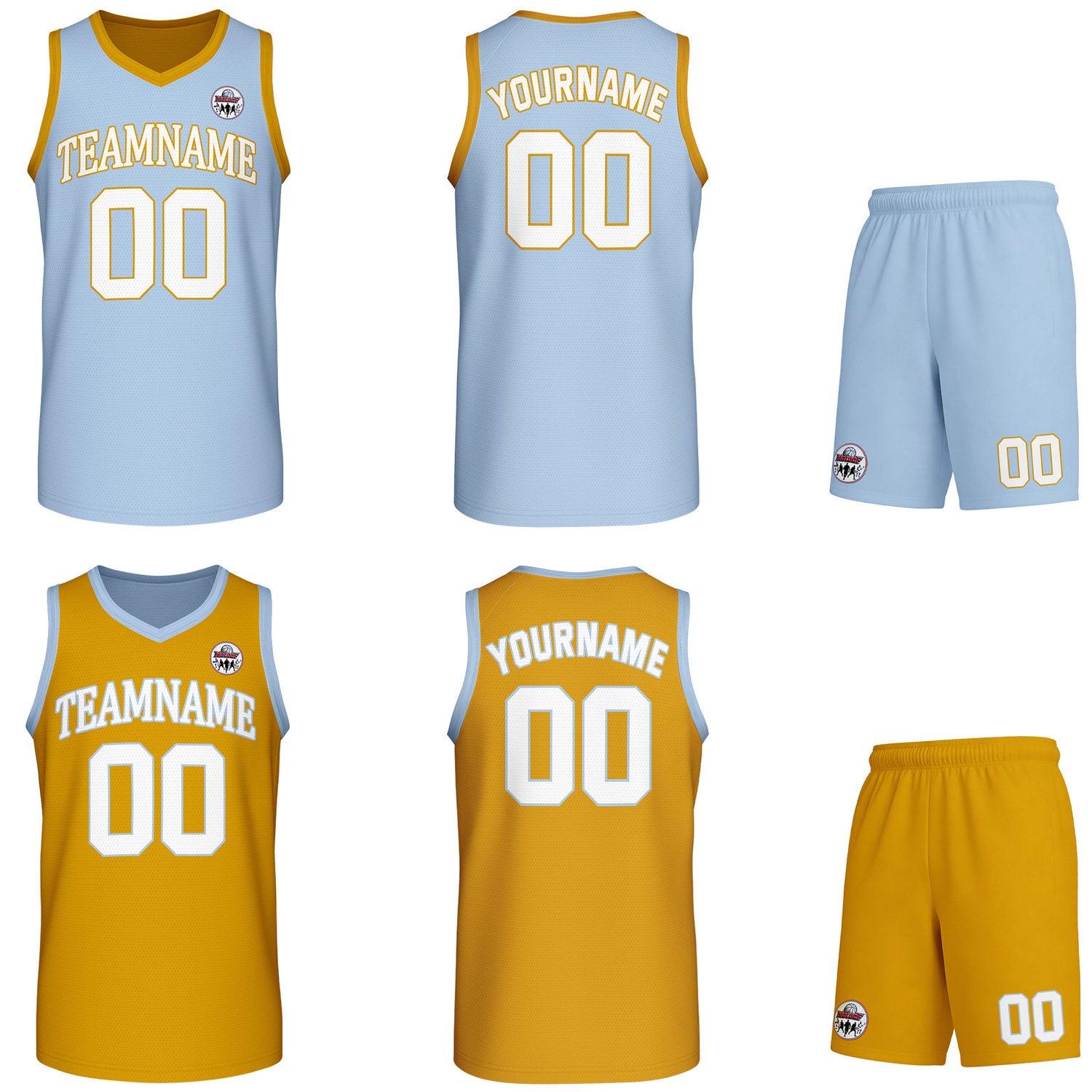 Custom light blue & gold Reversible basketball uniform set, personalized team name number logo breathable mesh jersey and shorts men women youth game practice - Vosoli
