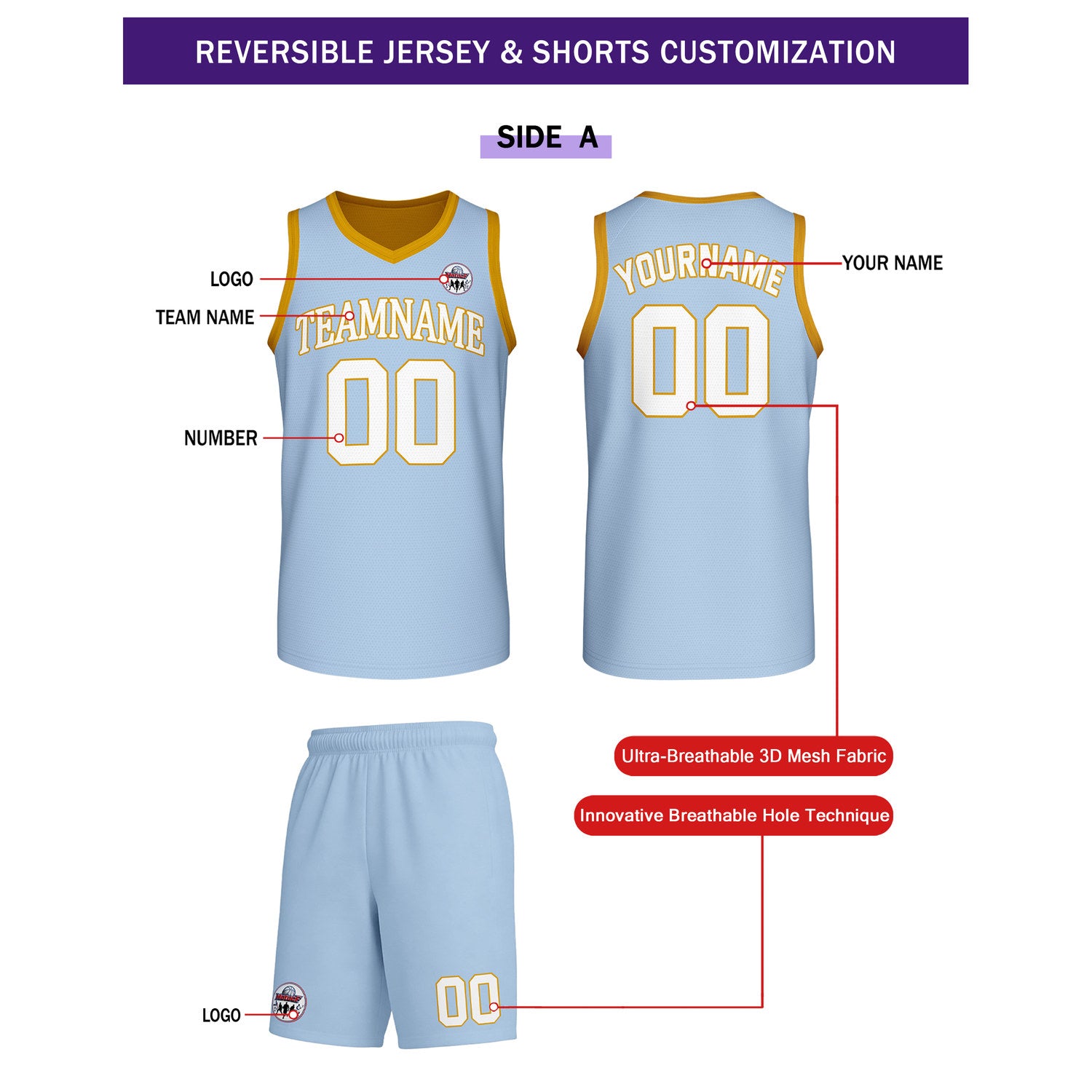 Custom Light Blue & Gold Reversible Basketball Uniform Set | Personalized Team Name & Number - Vosoli