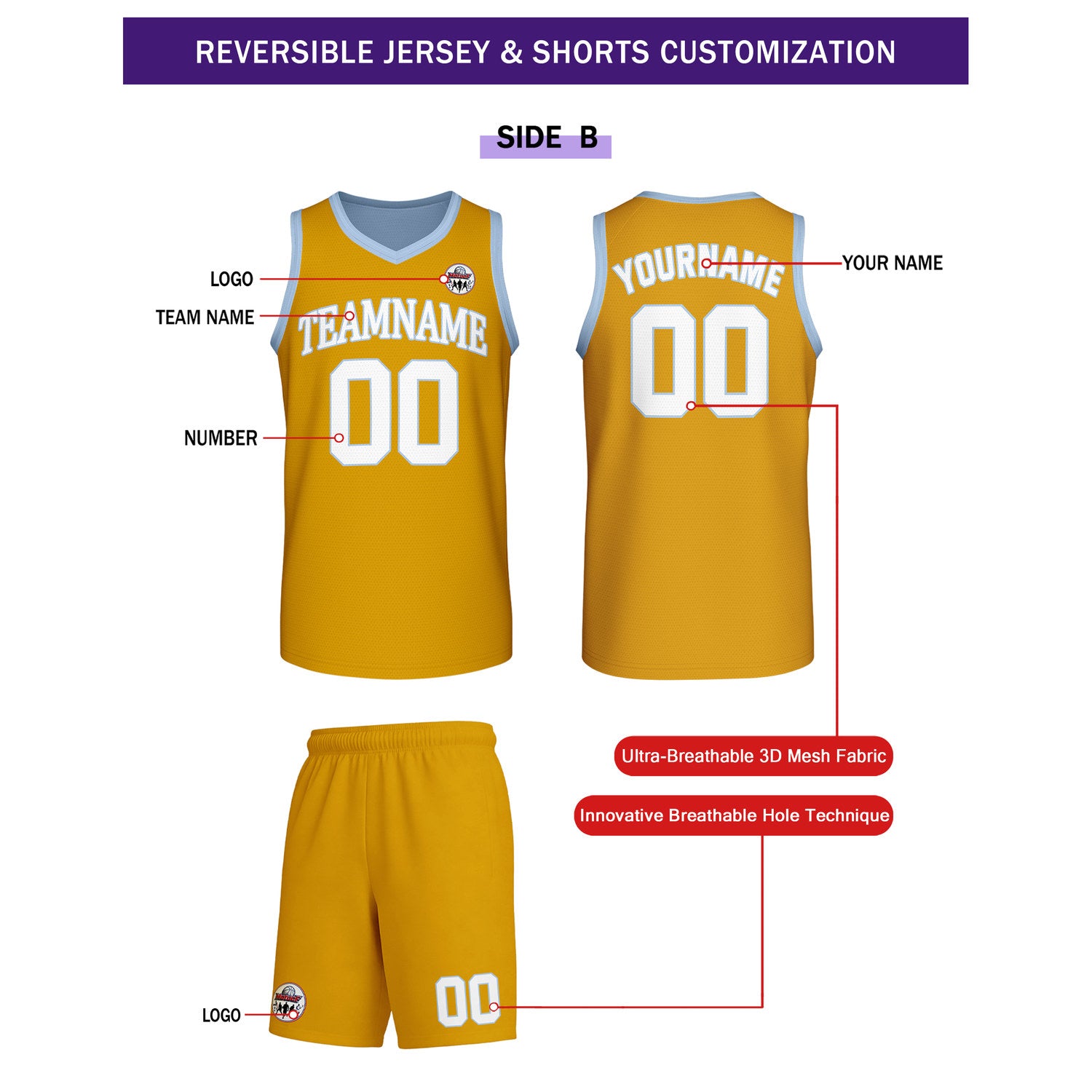 Custom Light Blue & Gold Reversible Basketball Uniform Set | Personalized Team Name & Number - Vosoli