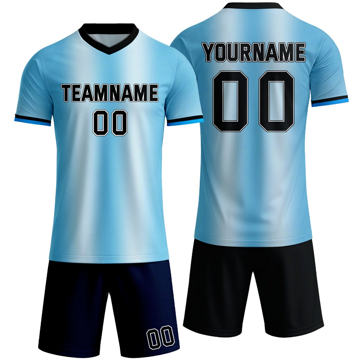 Custom light blue gradient soccer jersey set, personalized name number team logo, short-sleeve jersey with matching shorts sports uniform for men women youth adult game practice - Vosoli