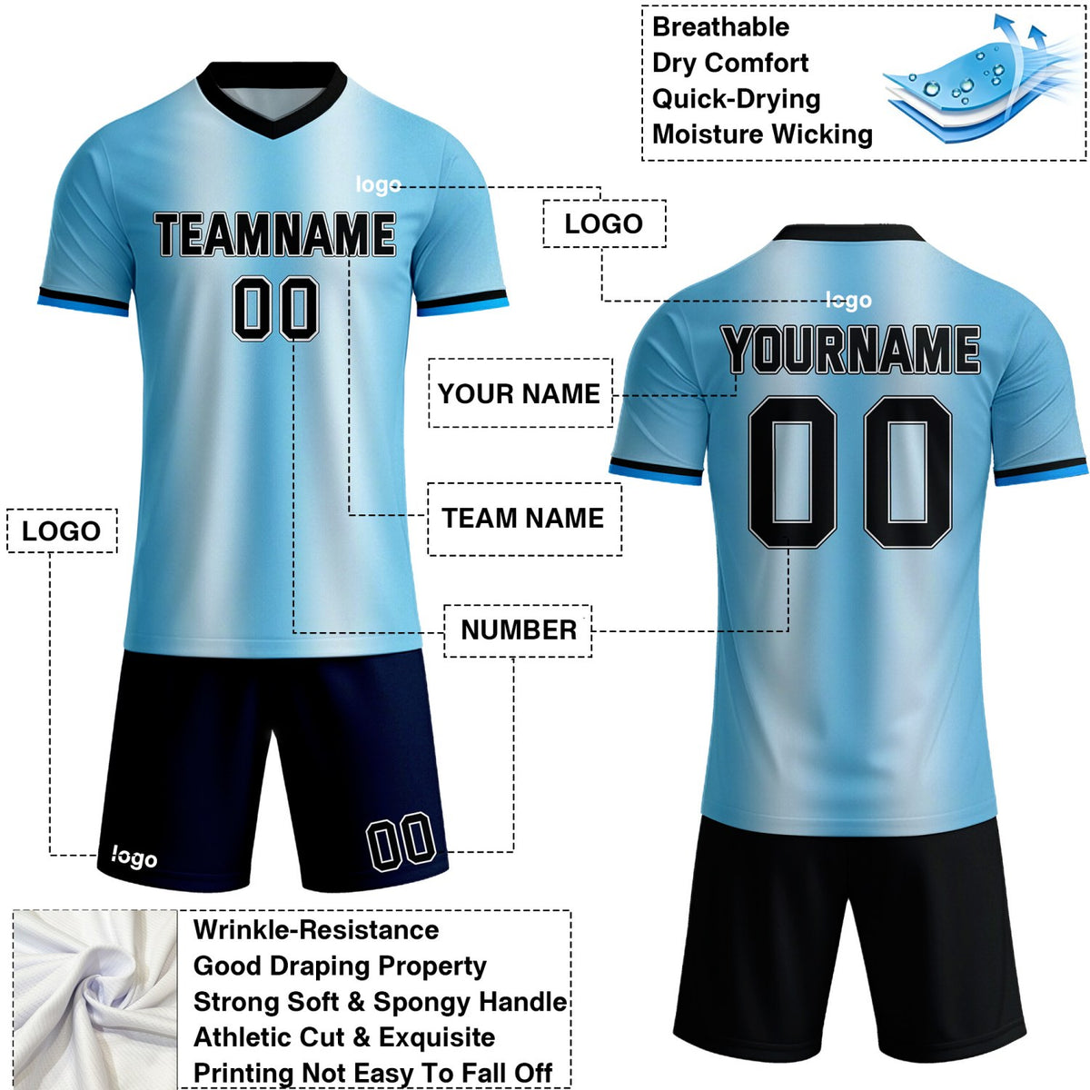 Custom Light Blue Gradient Soccer Jersey Set | Personalized Team Uniform | Vosoli