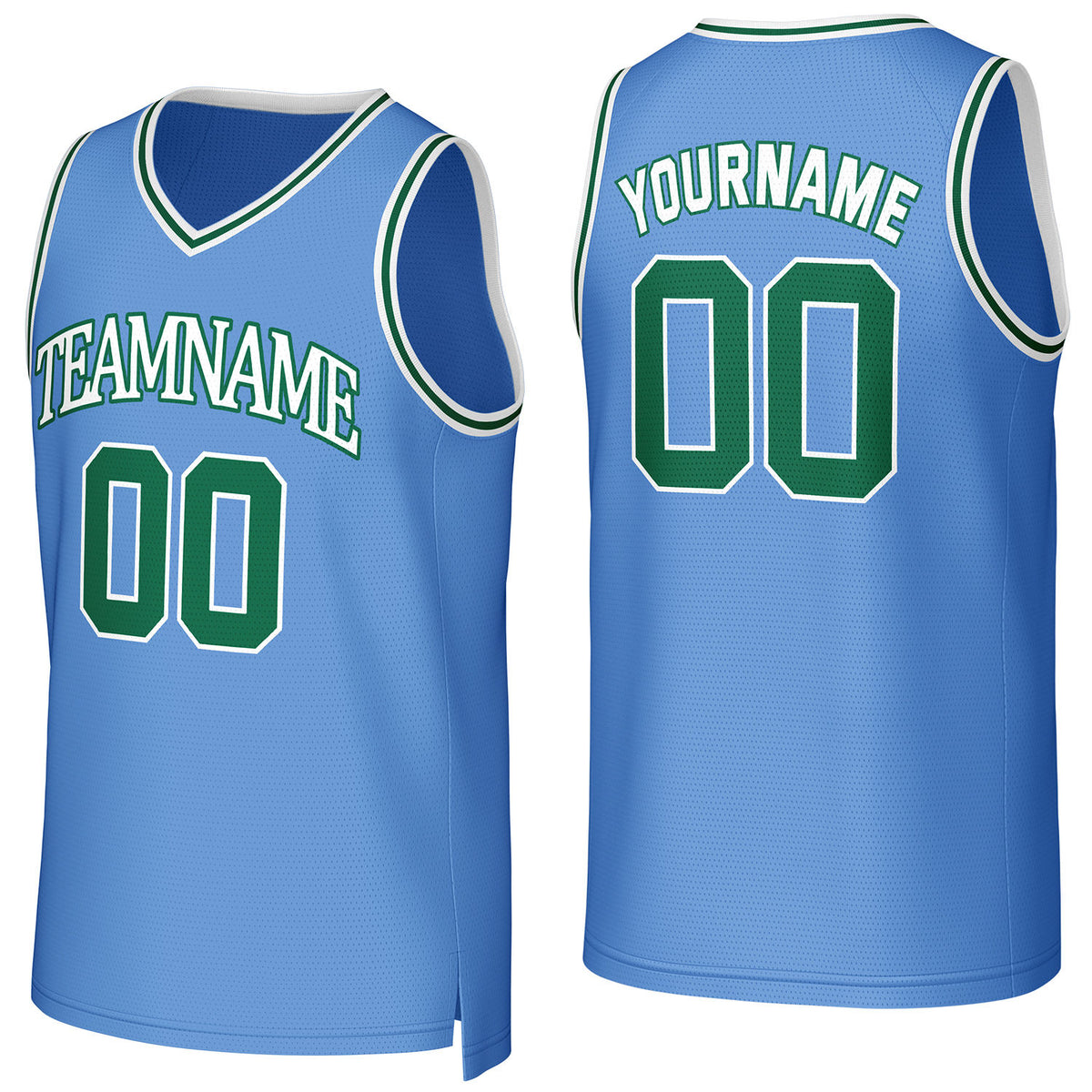 Custom light blue-green V-neck mesh basketball jersey by Vosoli | Personalized name &amp; number team uniform for youth &amp; adults